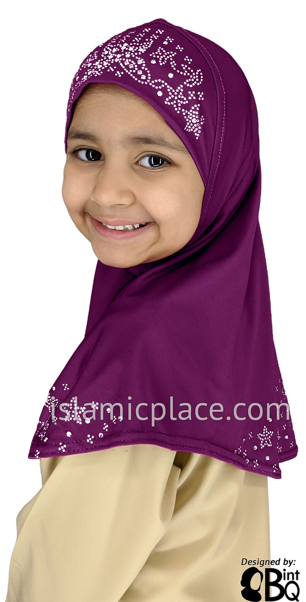 Mulberry - Luxurious Lycra Hijab Al-Amira with Silver Rhinestones - Girl size (1-piece)