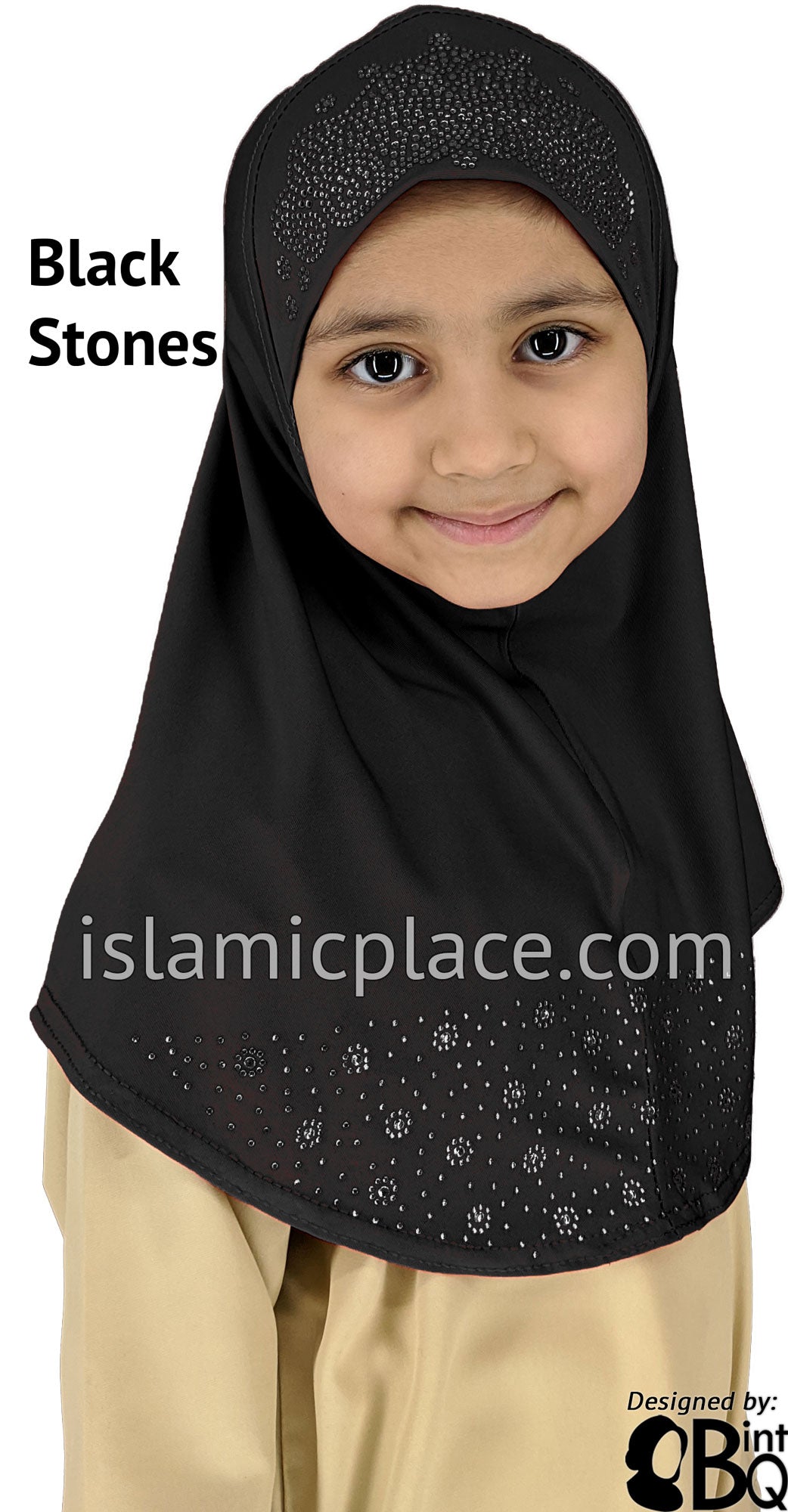 Black-Black - Luxurious Lycra Hijab Al-Amira with Black Rhinestones - Girl size (1-piece)
