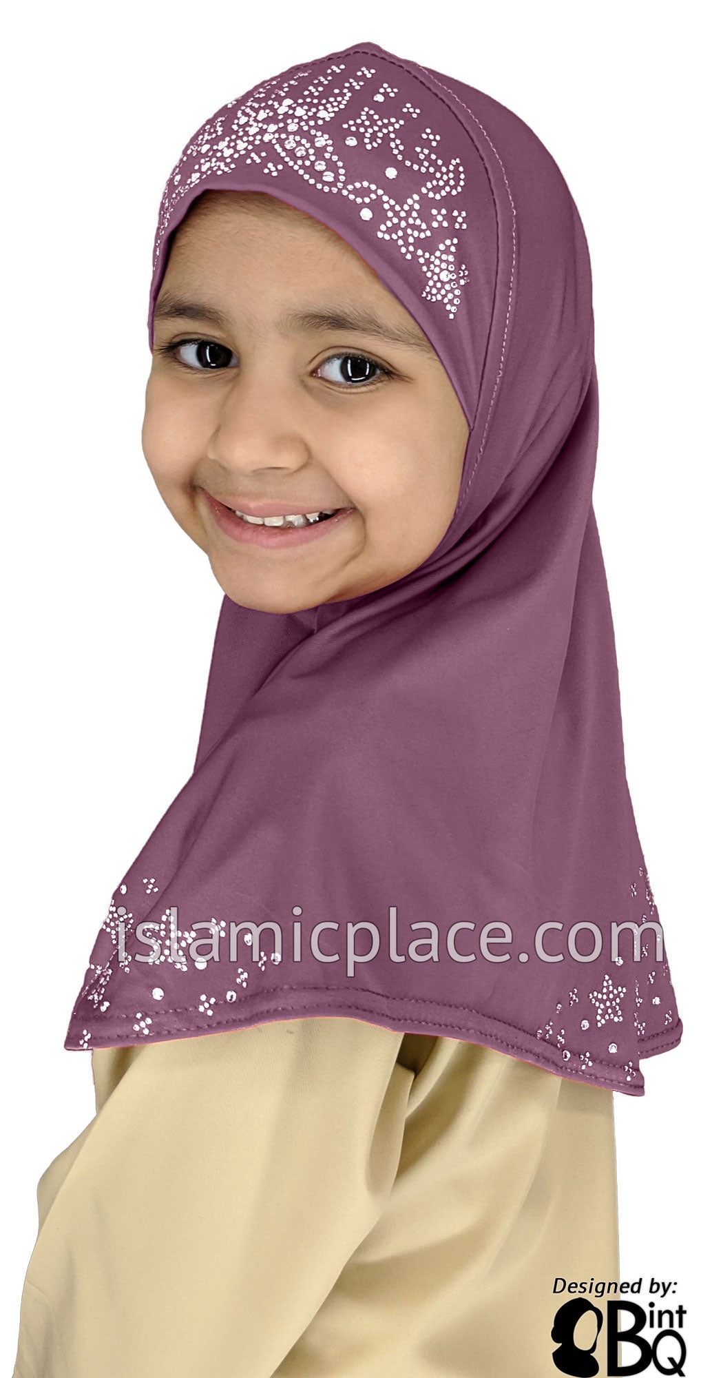Light Plum - Luxurious Lycra Hijab Al-Amira with Silver Rhinestones - Girl size (1-piece)