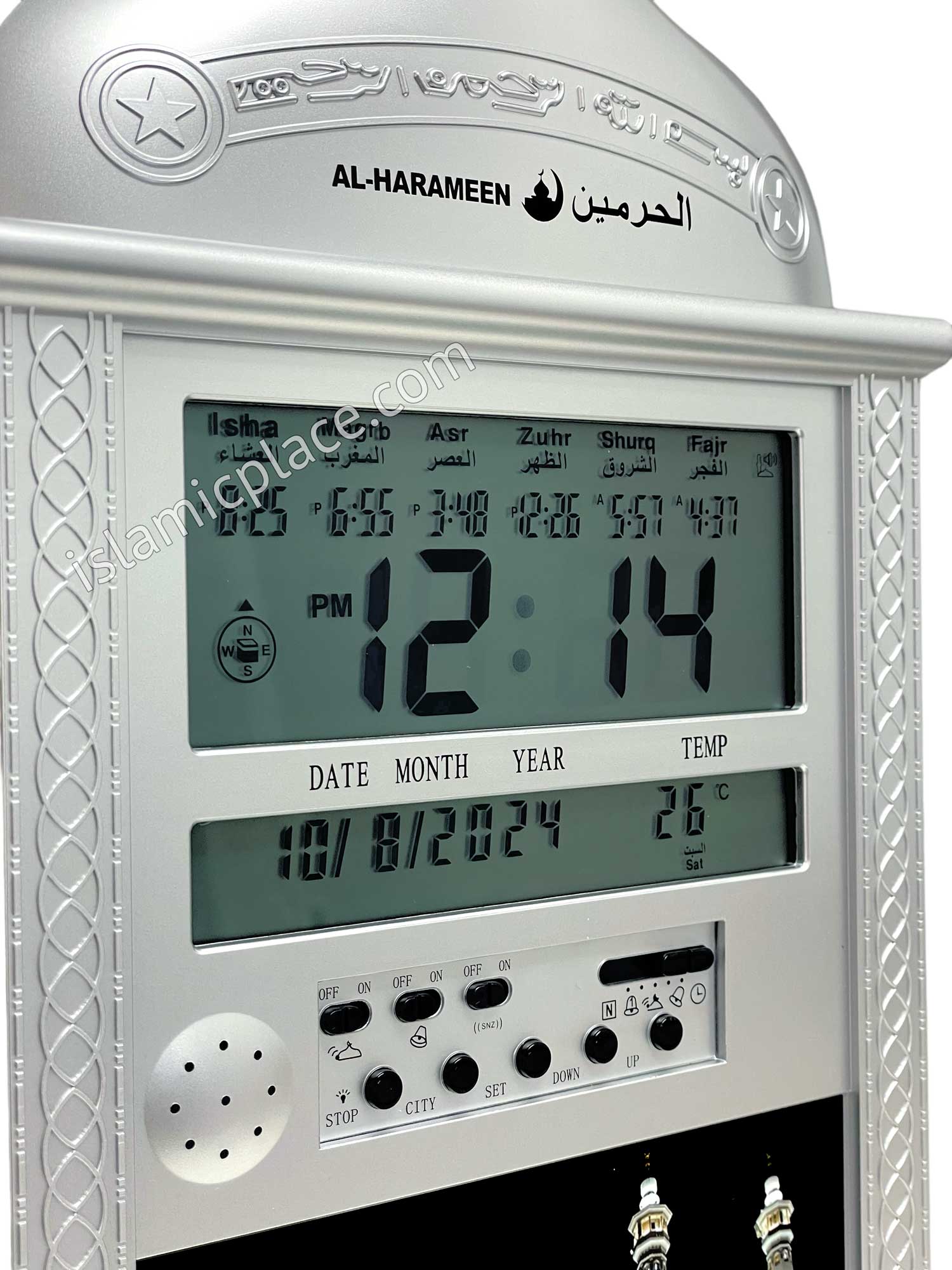 Shov Ezan Saati zilver – automatische Azan gebedsklok, 8 Azan-stemmen, Hijri- en kalender, wekker & Qibla-kompas AZ-6500 (zilver Shov Ezan Saati zilver – automatische Azan gebedsklok, 8 Azan-stemmen, Hijri- en kalender, wekker & Qibla-kompas AZ-6500 (zilver