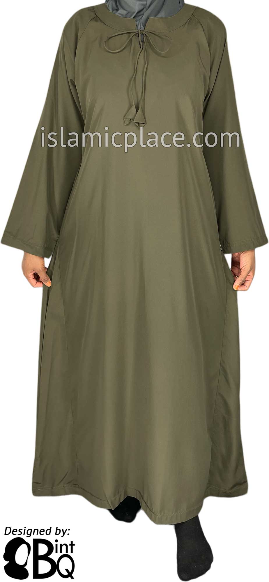 Dark Olive Green - Sadia Stylish Abaya with Neckline String by BintQ - S16