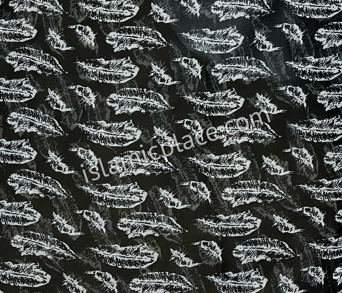 White Bird Feathers on Black Base - 45" Square Printed Khimar