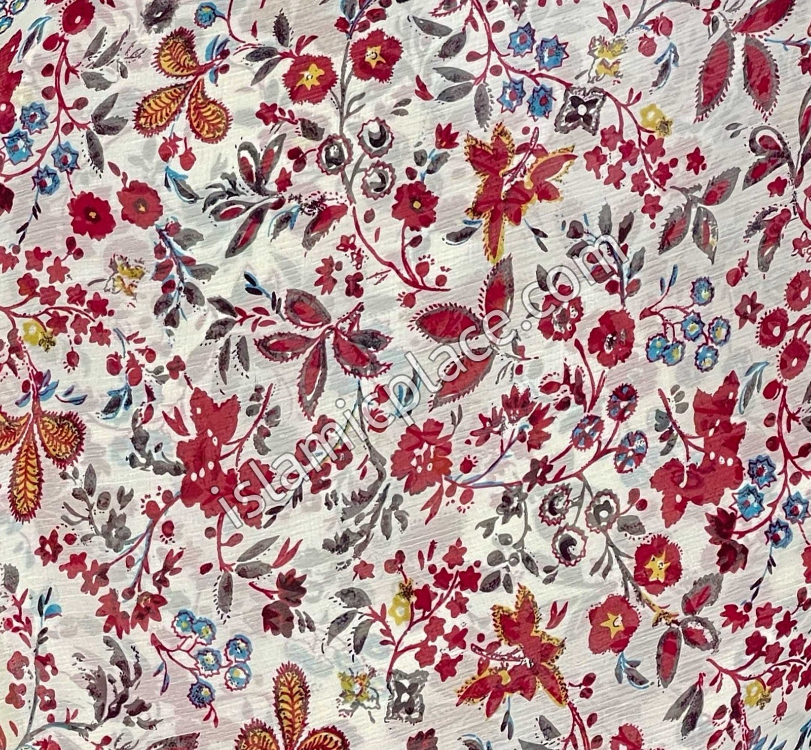 Burgundy, Yellow and Blue Mini Flowers on White Base - 45" Square Printed Khimar