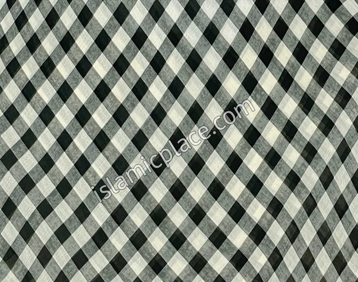 Cream and Black Small Plaid - 45" Square Printed Khimar