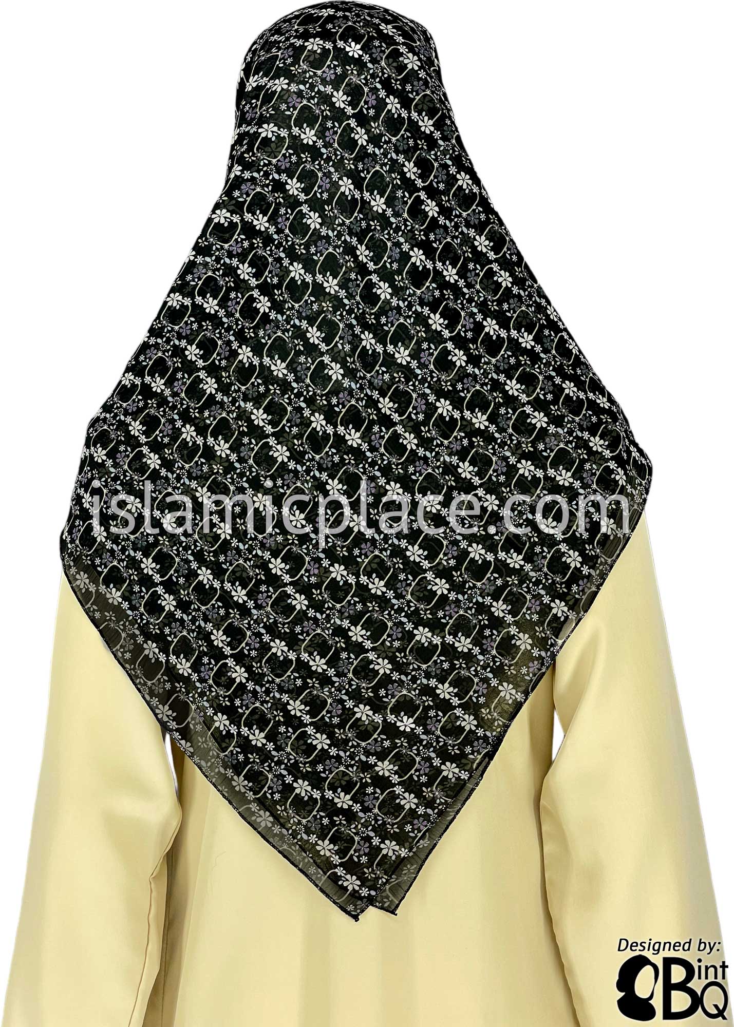 White and Mauve Floral Squircle on Black Base - 45" Square Printed Khimar