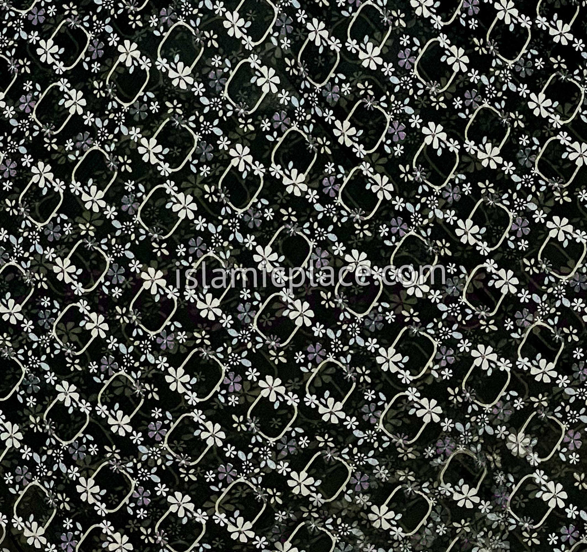 White and Mauve Floral Squircle on Black Base - 45" Square Printed Khimar