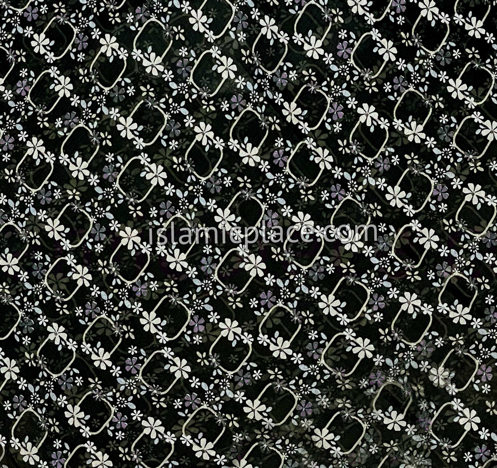 White and Mauve Floral Squircle on Black Base - 45" Square Printed Khimar