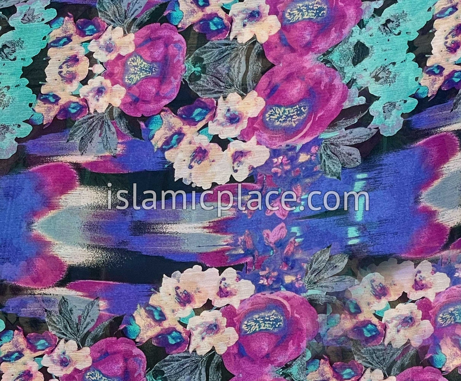 Cabaret Pink and Blue Stamped Bouquet Design - 45" Square Printed Khimar