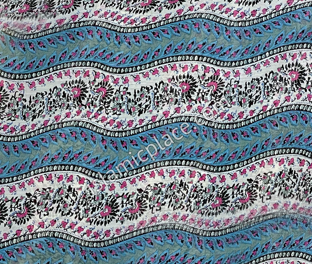 Blue and White Waves with Pink and Black Tiny Flowers - 45" Square Printed Khimar