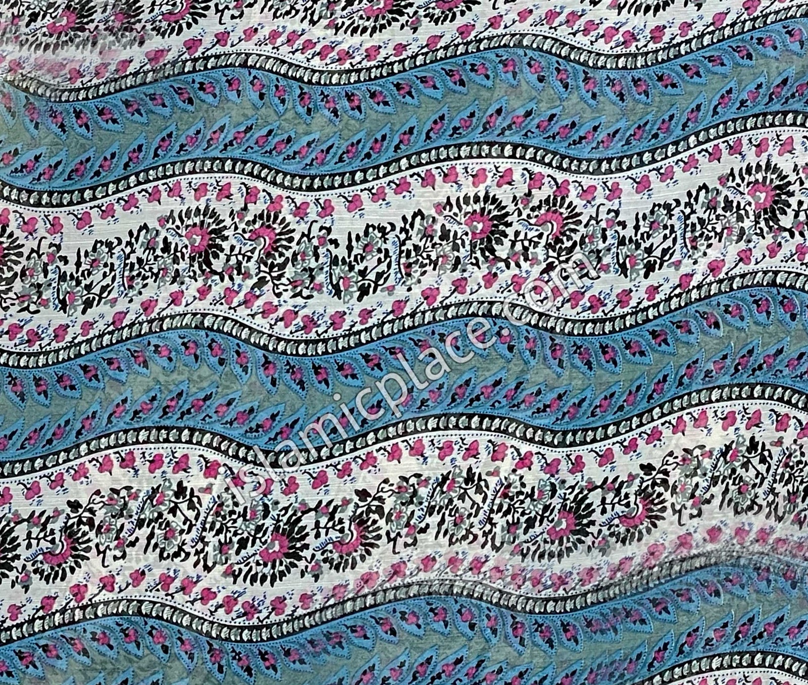 Blue and White Waves with Pink and Black Tiny Flowers - 45" Square Printed Khimar