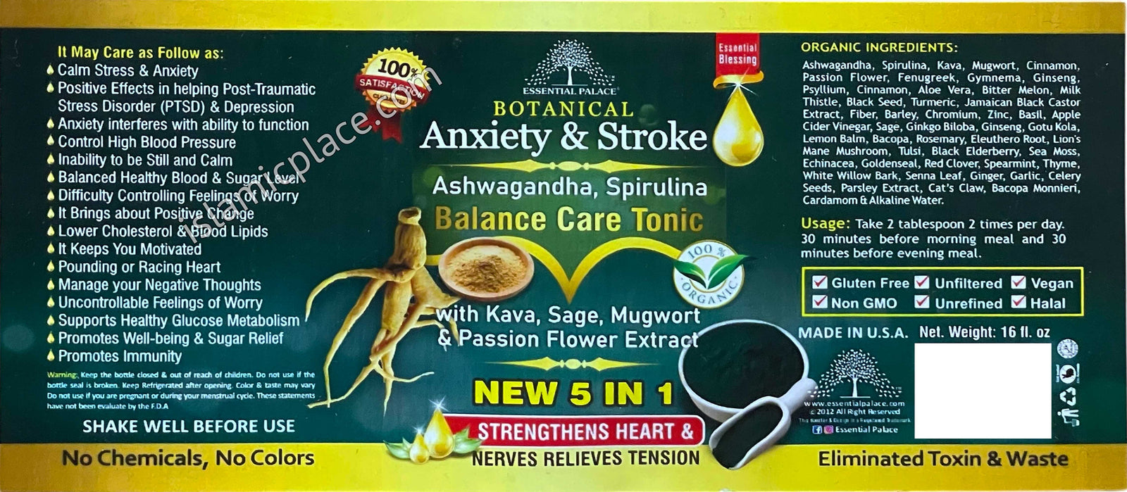 Botanical Anxiety & Stroke - Ashwagandha, Spirulina Balance Care Tonic with Kava, Sage, Mugwort & Passion Flower Extract 16 oz