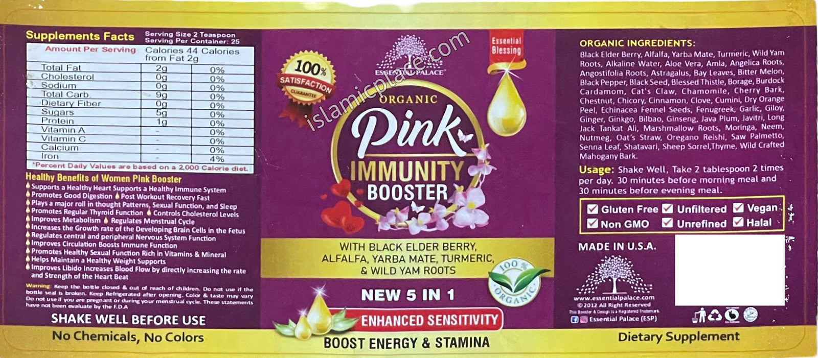 Organic Pink Immunity Booster with Black Elder Berry, Alfalfa, Yarba Mate, Turmeric & Wild Yam Roots 16 oz