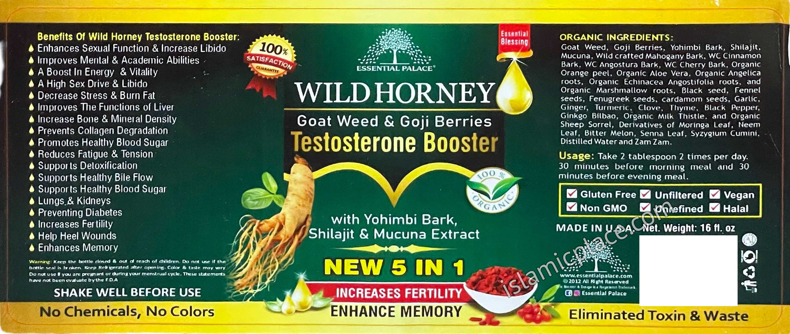 Wild Honey Goat Weed & Goji Berries Testosterone Booster with Yohimbi Bark, Shilajit & Mucuna Extract 16 oz