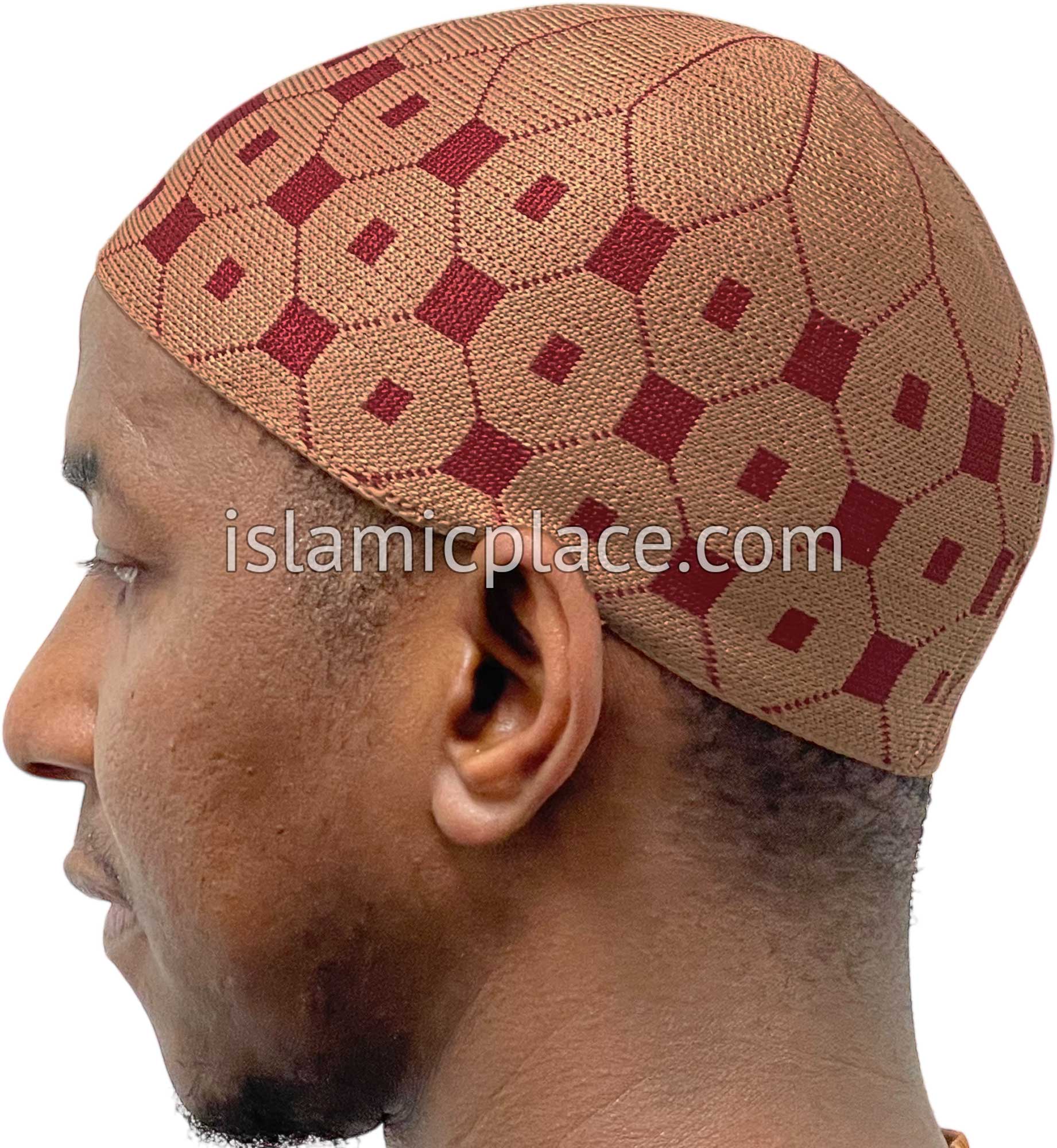 Khaki and Burgundy - Elastic Knitted Khalil Designer Kufi