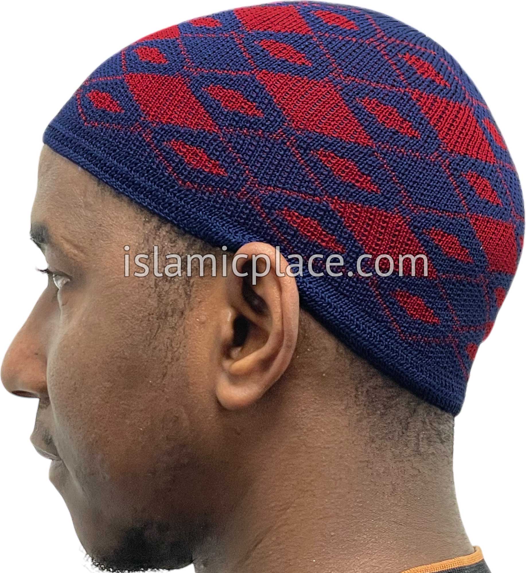 Navy Blue and Red - Elastic Knitted Adnan Designer Kufi