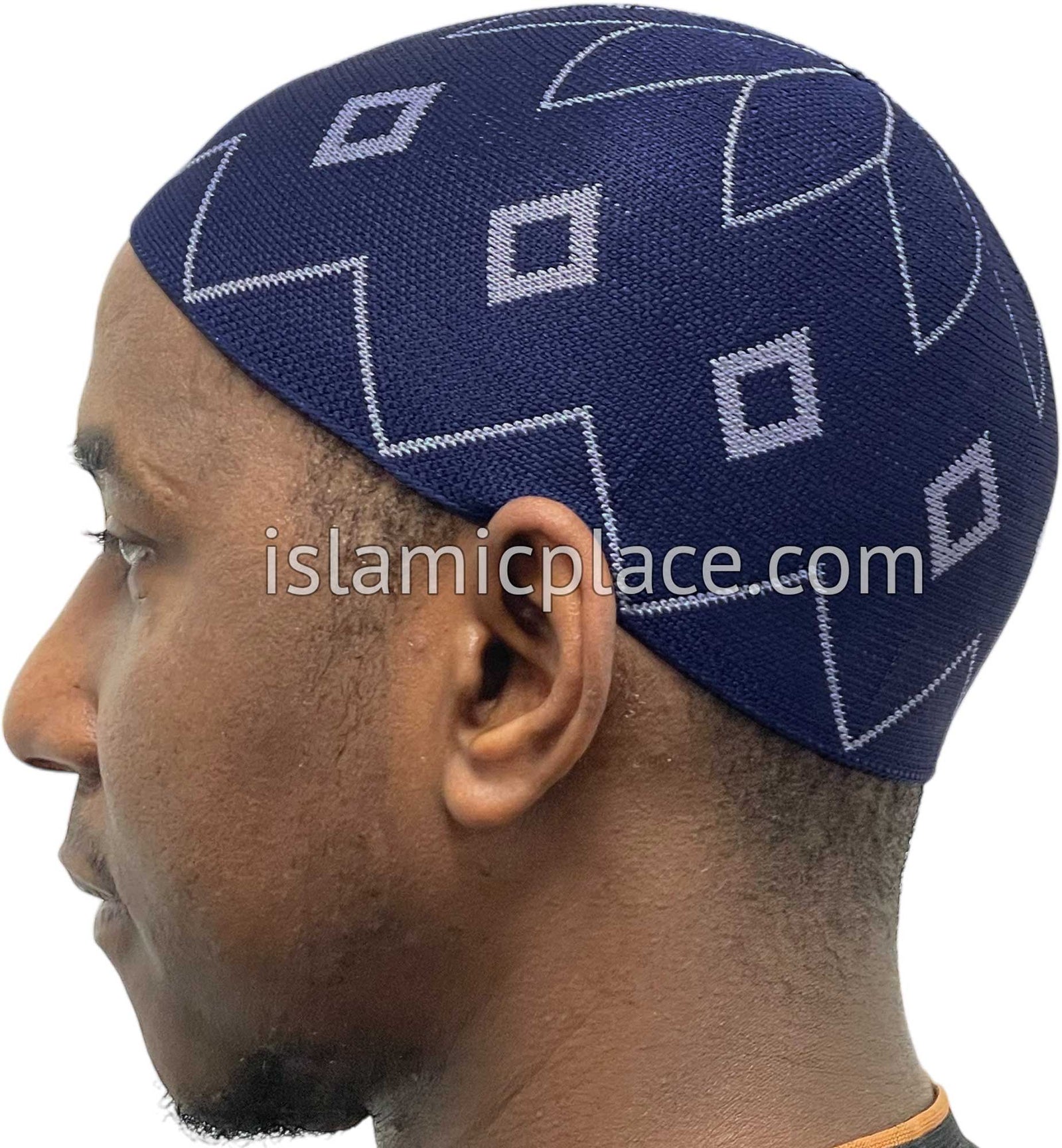 Navy Blue and White - Elastic Knitted Daud Designer Kufi