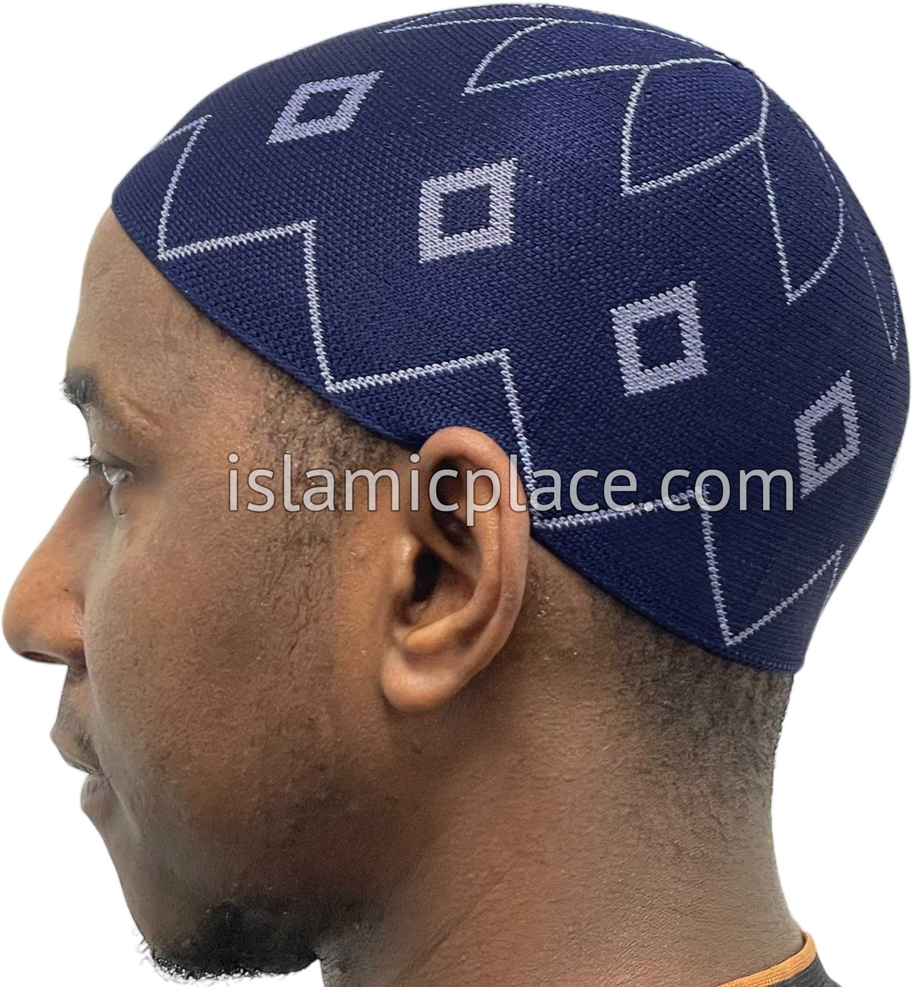 Navy Blue and White - Elastic Knitted Daud Designer Kufi