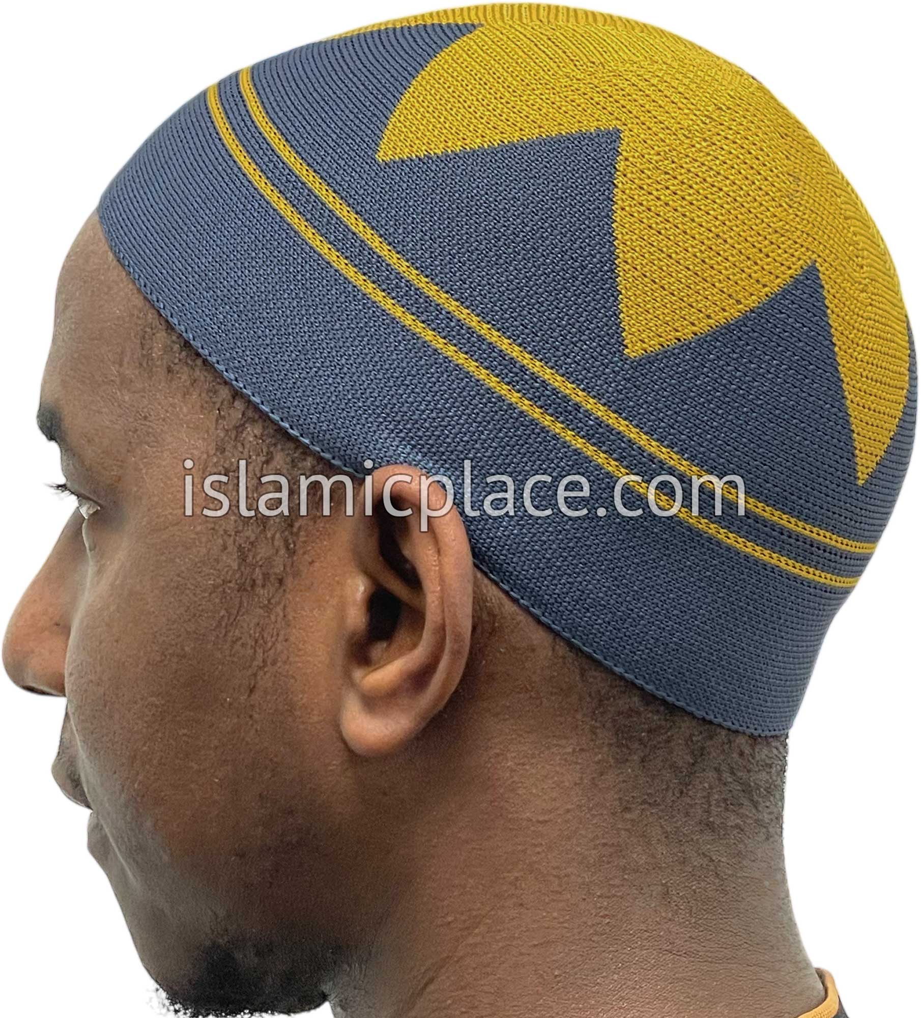 Gray and Mustard Gold - Elastic Knitted Safeer Designer Kufi