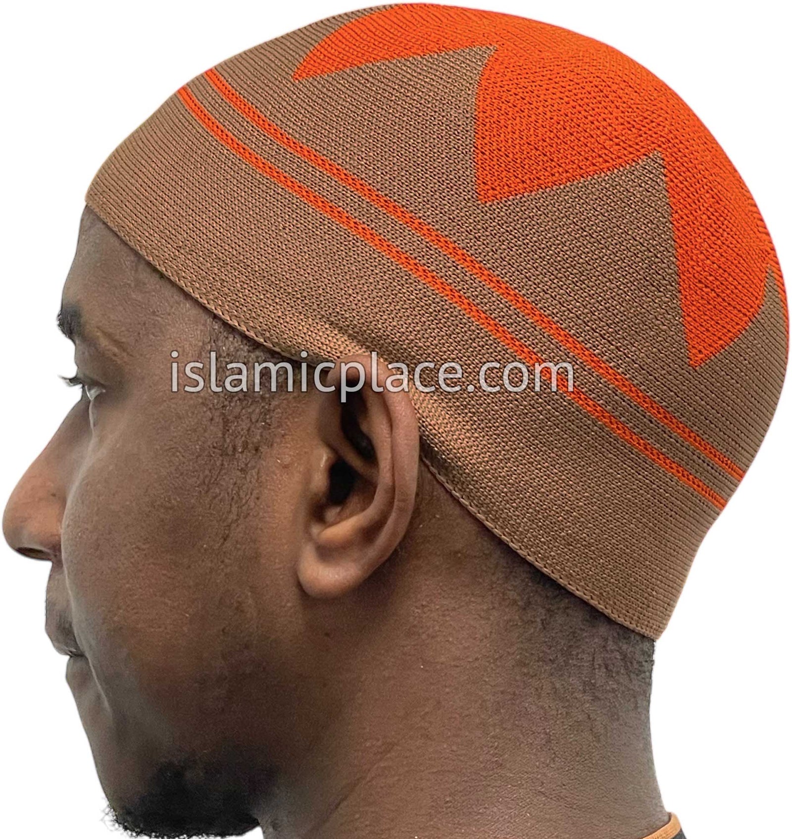 Khaki and Orange - Elastic Knitted Safeer Designer Kufi