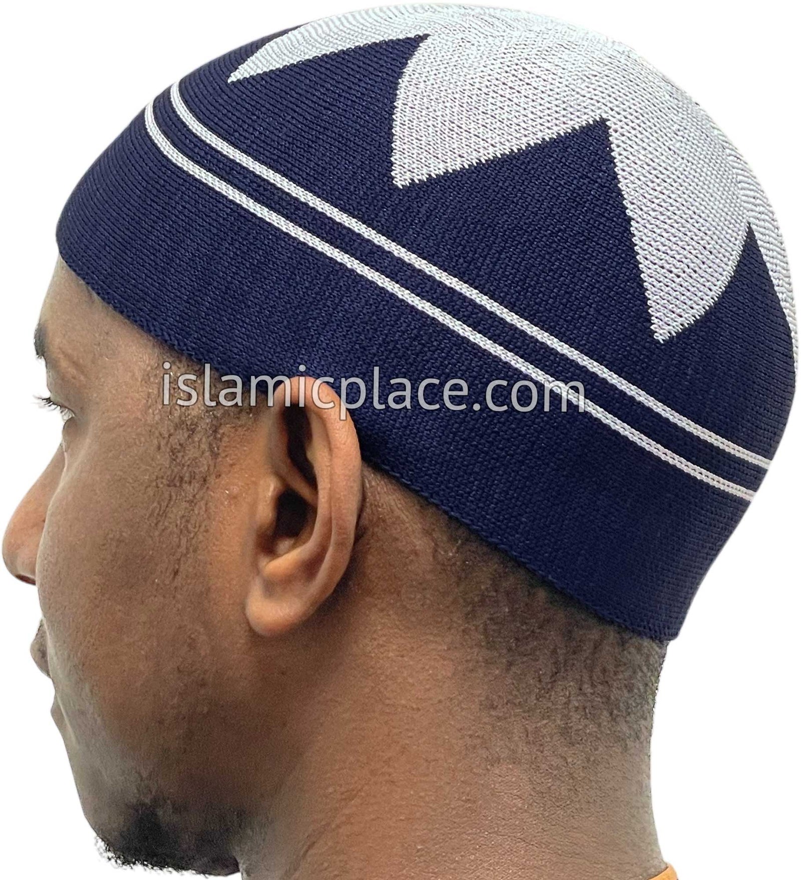 Navy and White - Elastic Knitted Safeer Designer Kufi