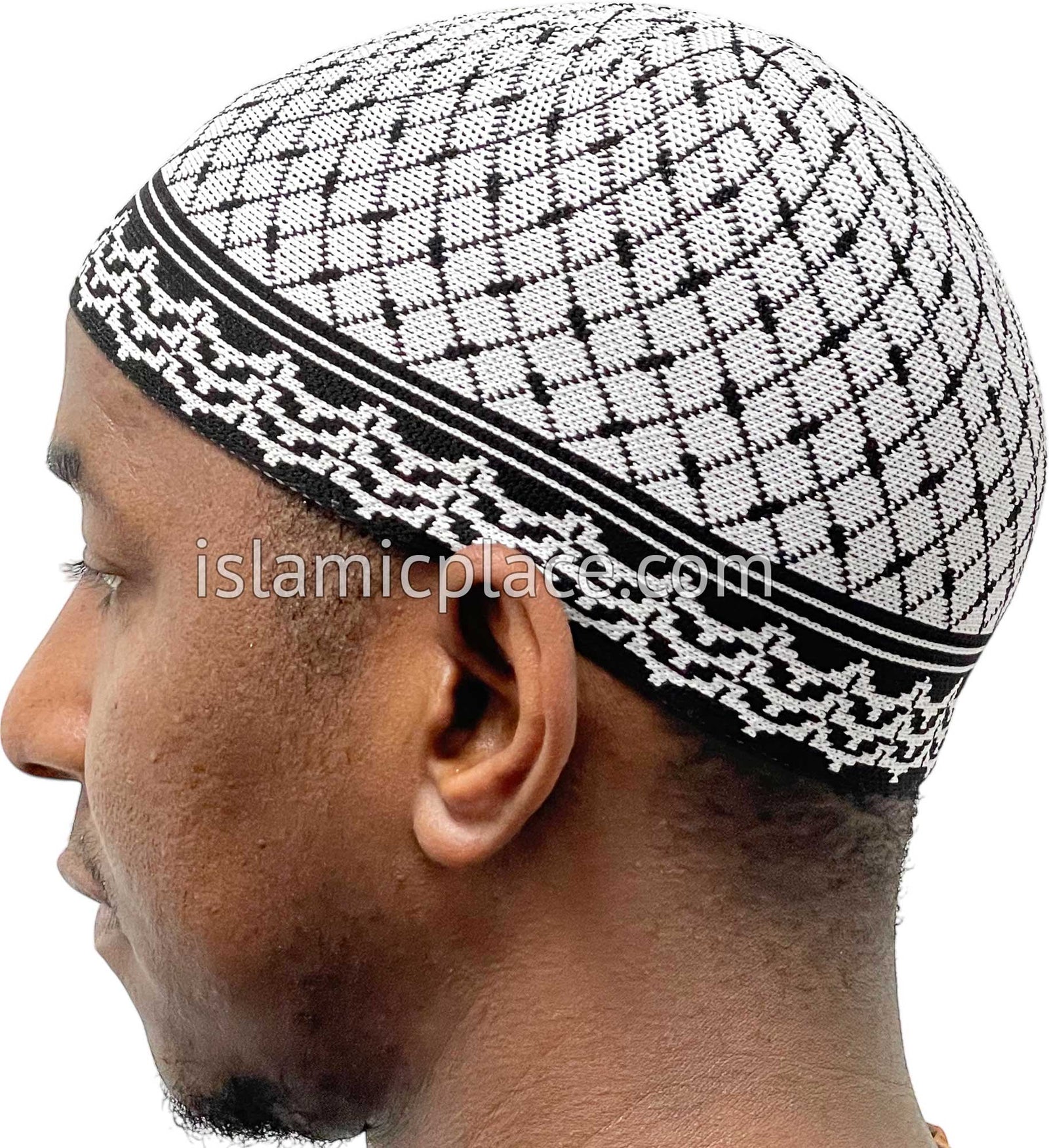 White and Black - Elastic Knitted Palestinian Keffiyeh Design Kufi