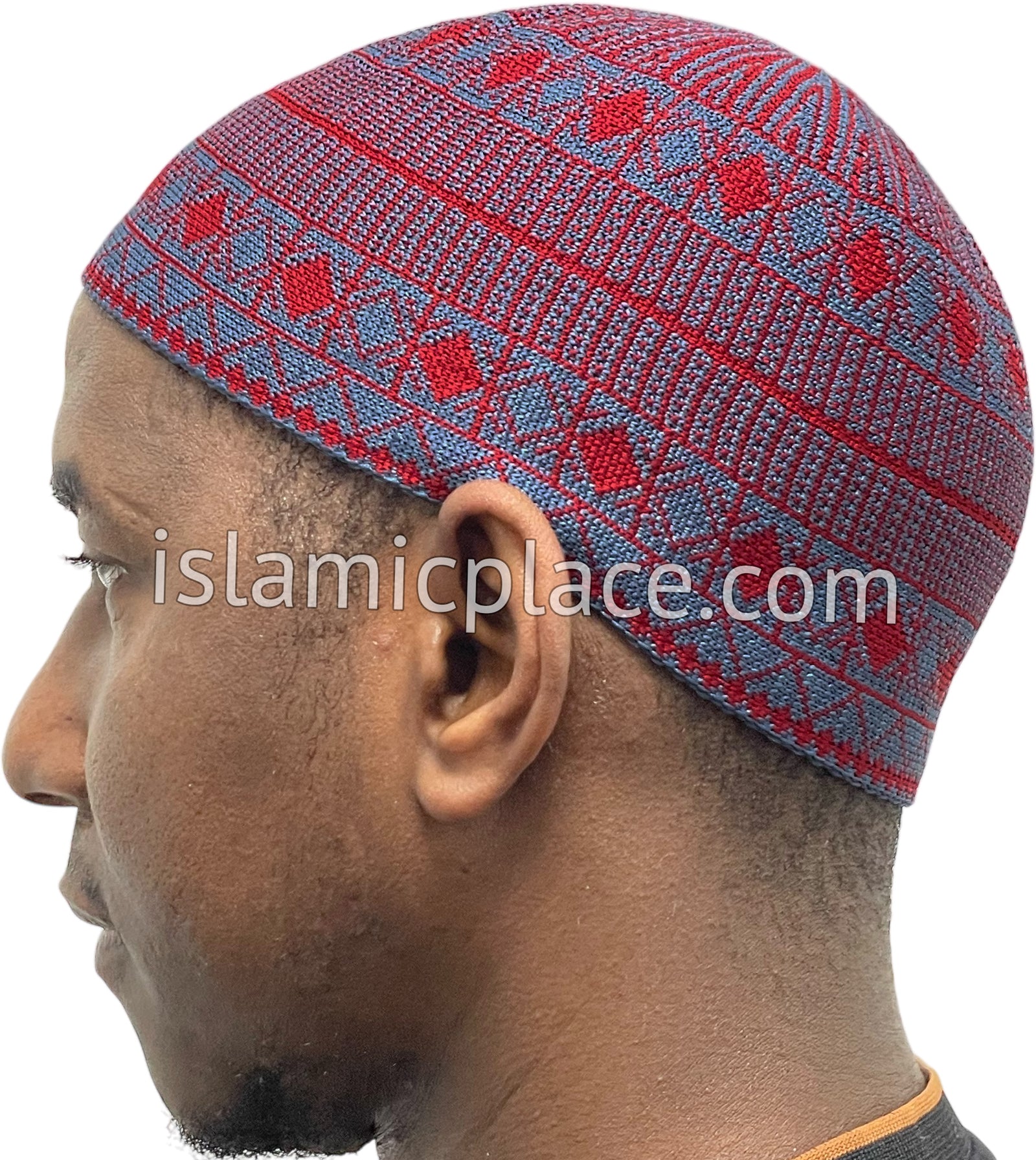 Denim Blue and Red - Traditional Cotton Knitted Saud Designer Kufi