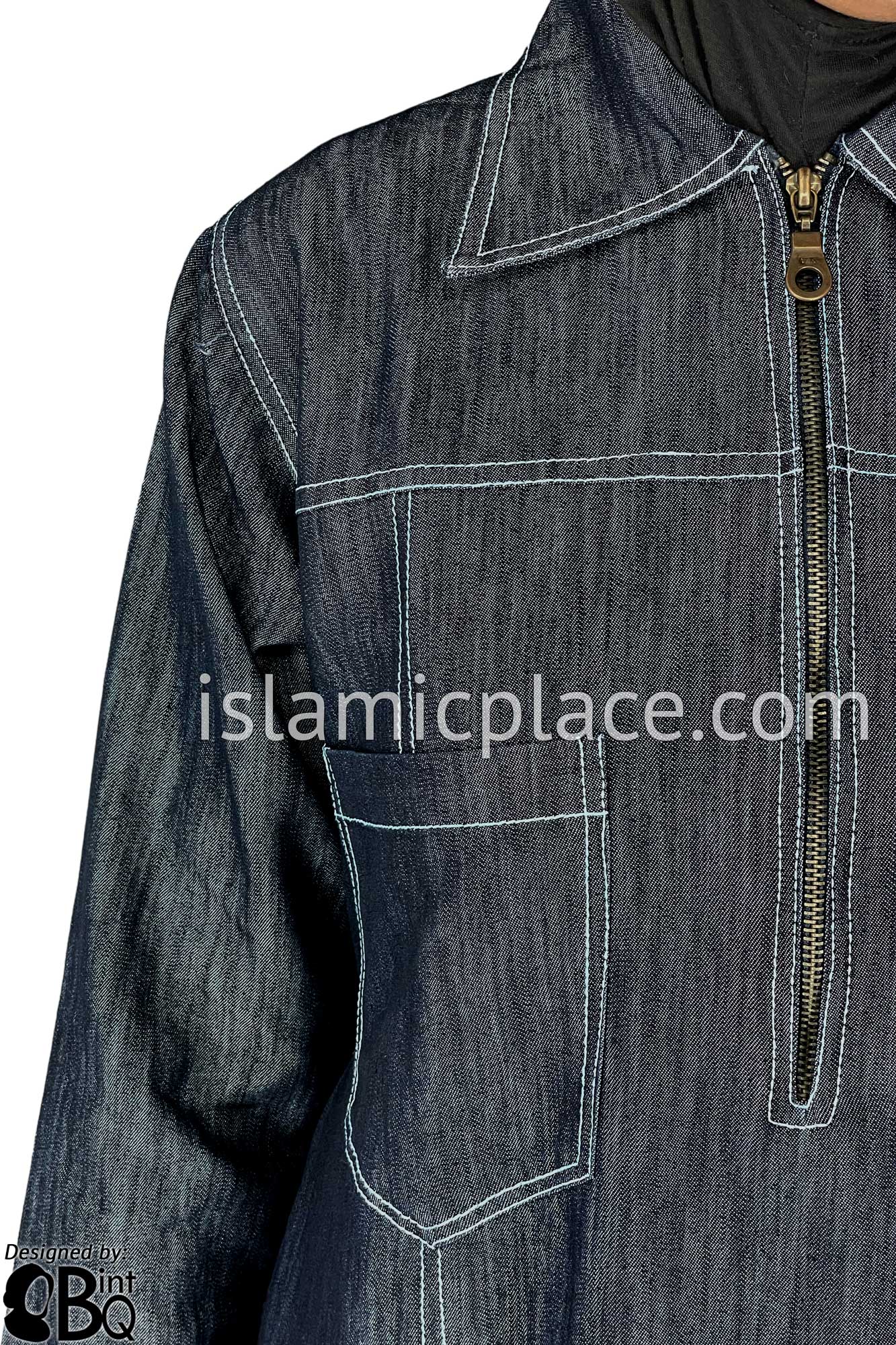 Dark Blue Denim Abaya with Sky Blue Stitch Sidrah Style by BintQ - BQ192