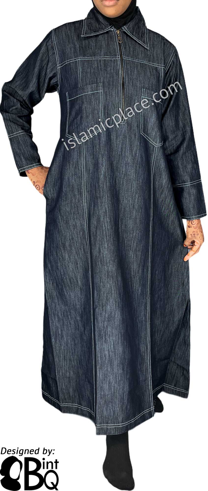 Dark Blue Denim Abaya with Sky Blue Stitch Sidrah Style by BintQ - BQ192