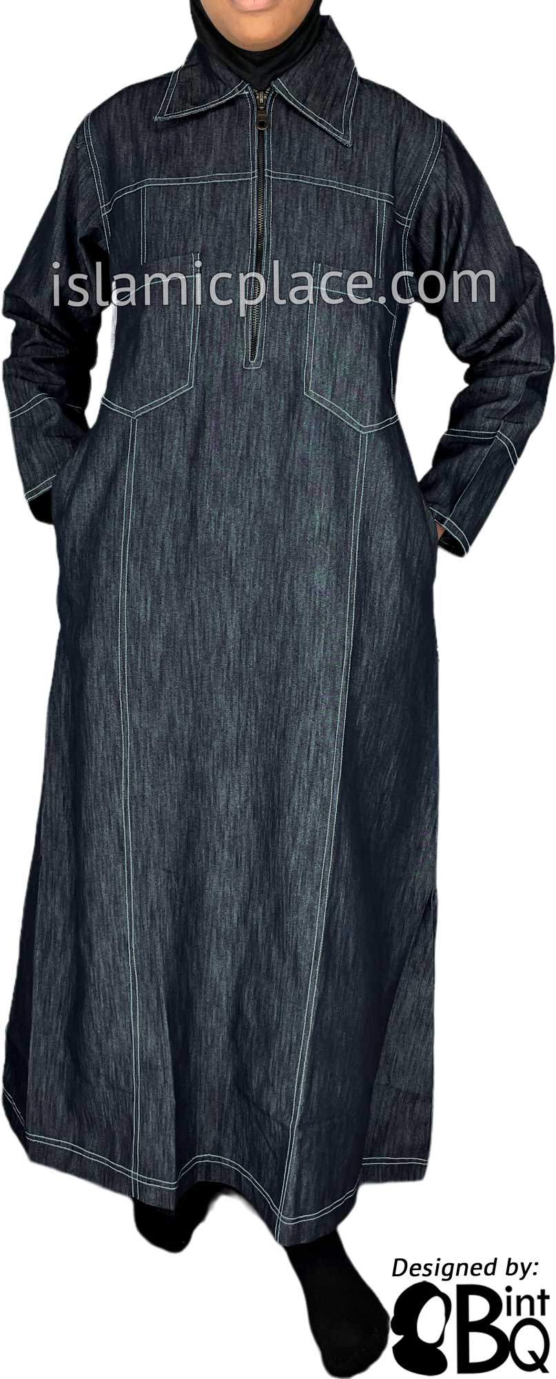 Dark Blue Denim Abaya with Sky Blue Stitch Sidrah Style by BintQ - BQ192