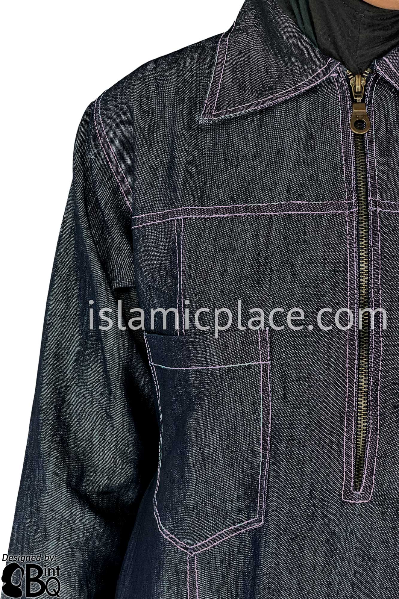 Dark Blue Denim Abaya with Pink Stitch Sidrah Style by BintQ - BQ192