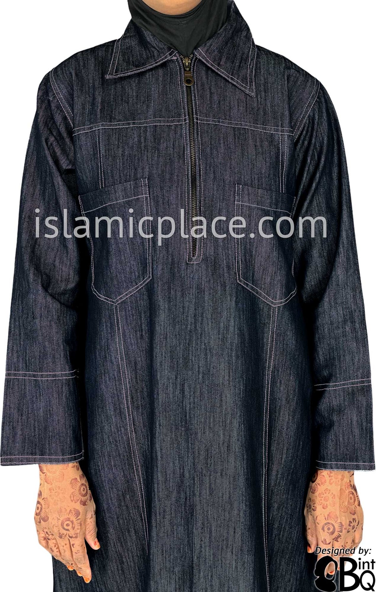 Dark Blue Denim Abaya with Pink Stitch Sidrah Style by BintQ - BQ192
