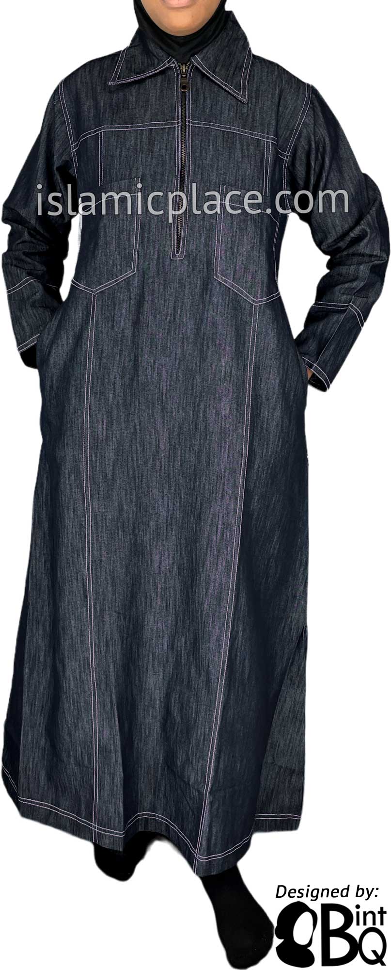 Dark Blue Denim Abaya with Pink Stitch Sidrah Style by BintQ - BQ192