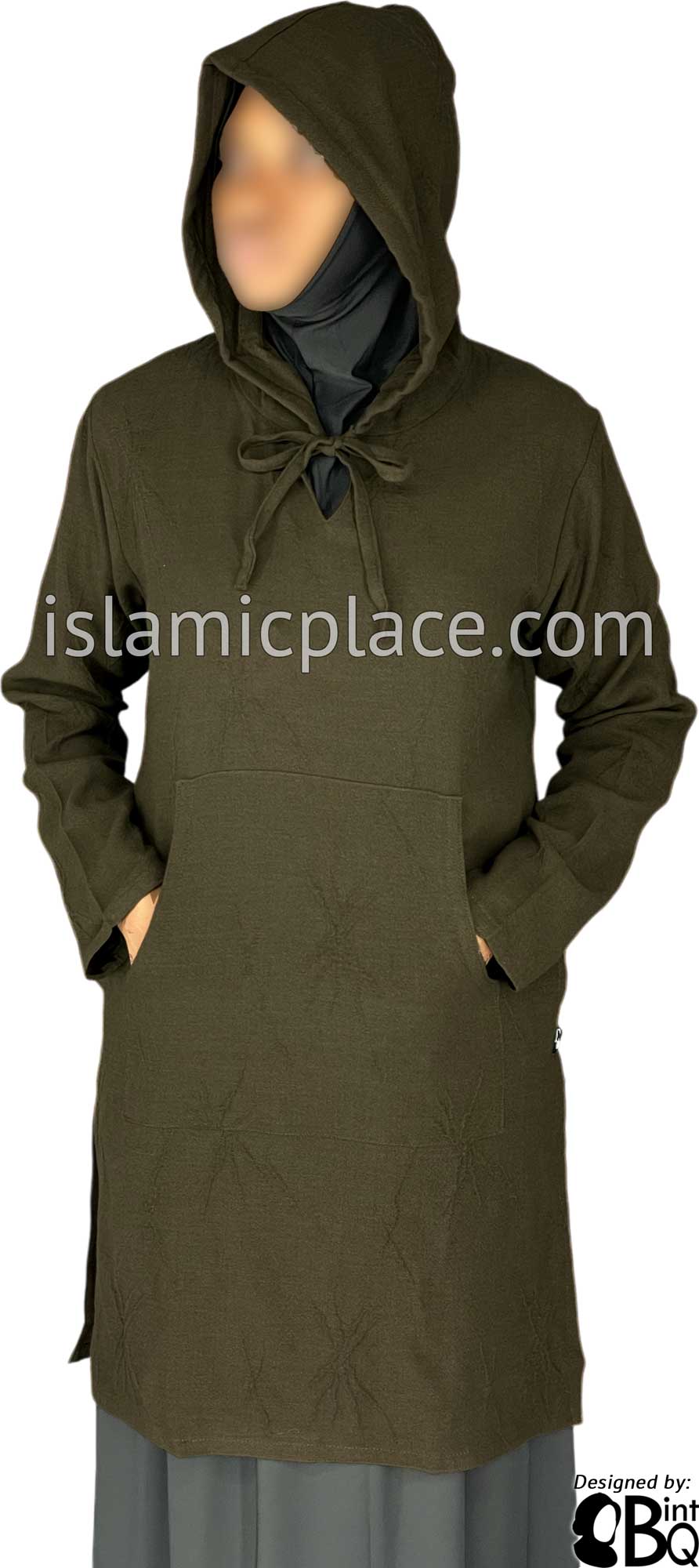 Taupe Olive - Haleema Hoodie Style Kameez Tunic Top by BintQ - BQ157