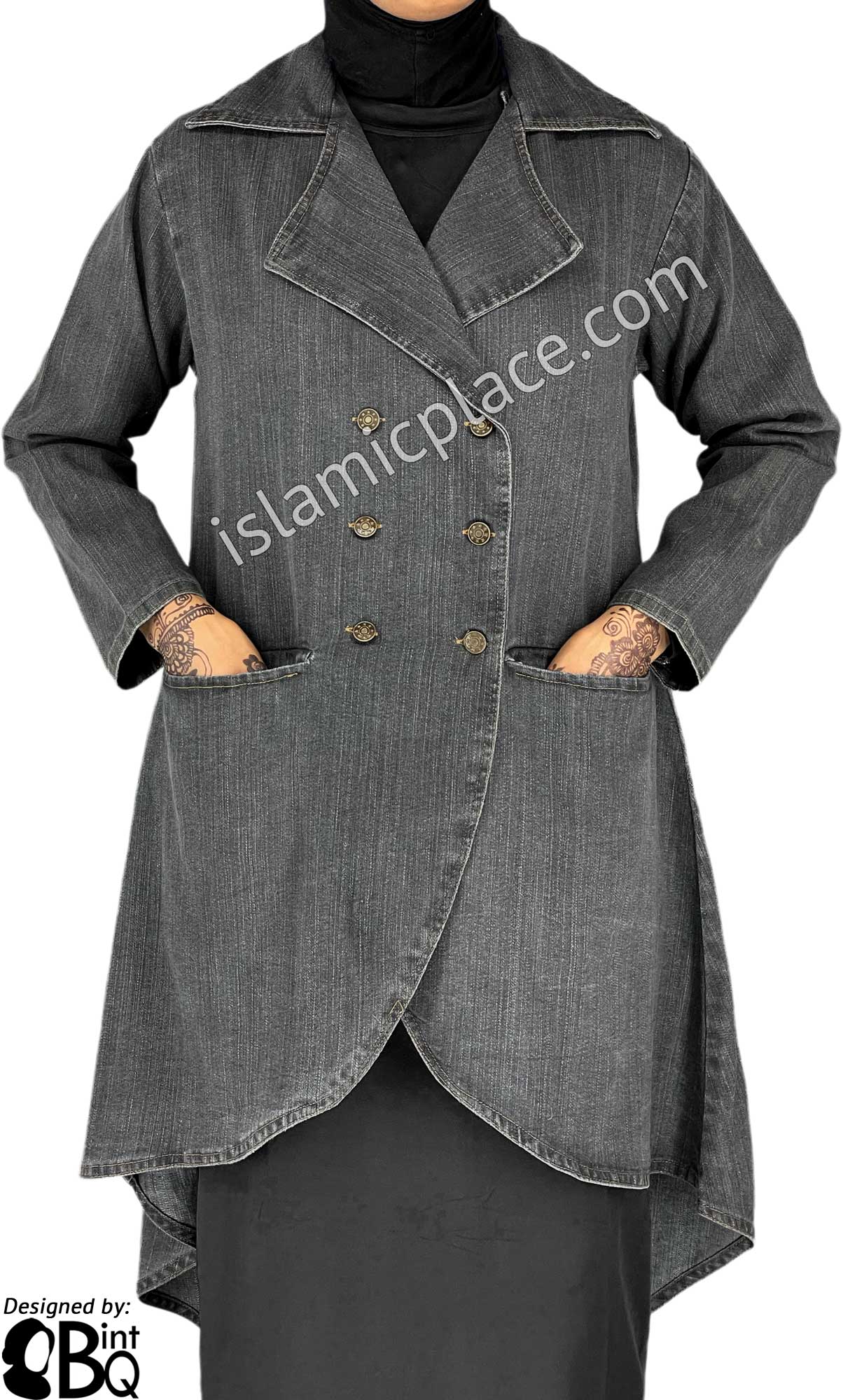 Gray Denim - Qadira Designer Coat by BintQ - BQ151