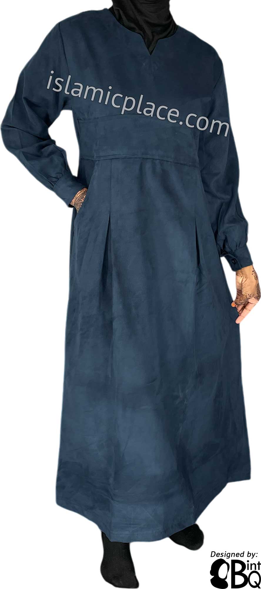 Navy Blue - Azeeza Pocket Style Abaya by BintQ in Luxurious Suede - BQ277