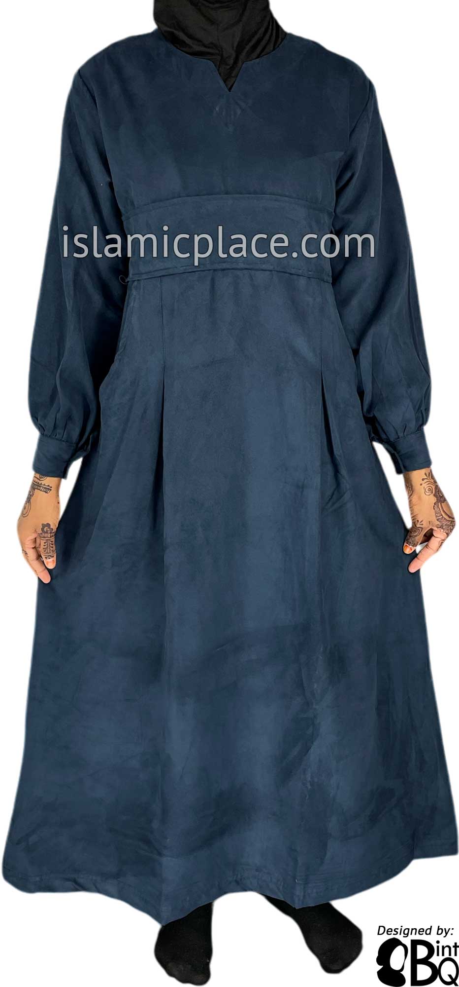 Navy Blue - Azeeza Pocket Style Abaya by BintQ in Luxurious Suede - BQ277