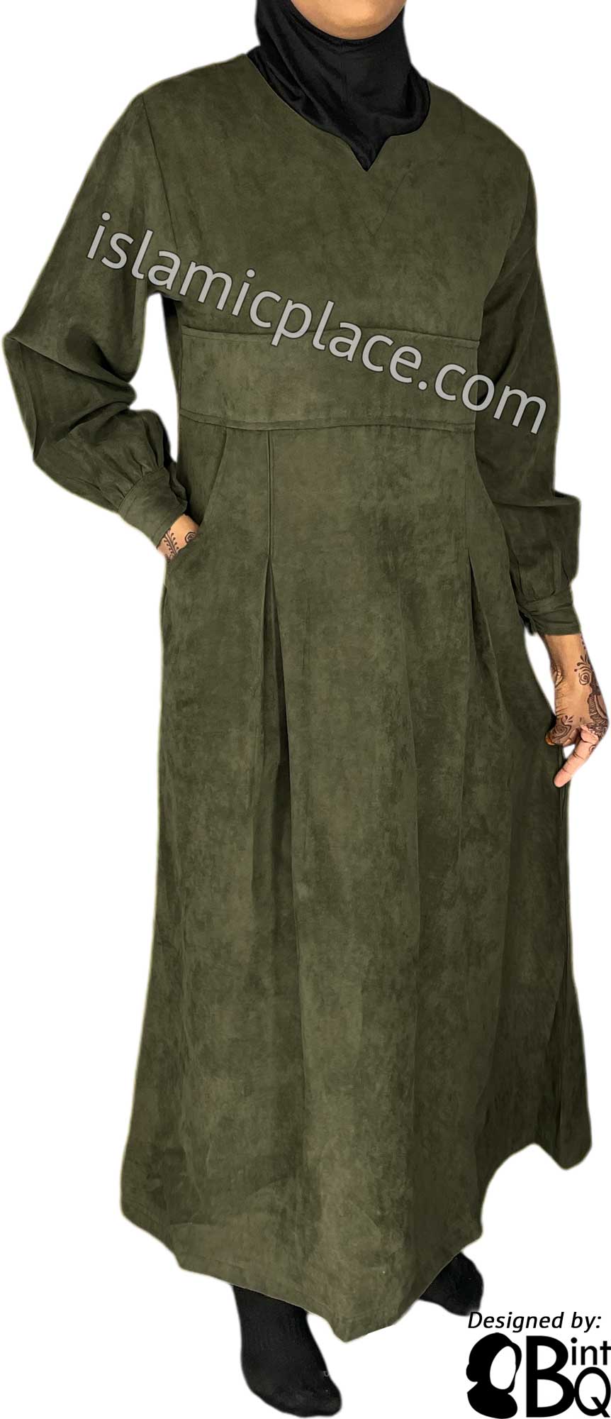 Olive Green - Azeeza Pocket Style Abaya by BintQ in Luxurious Suede - BQ277