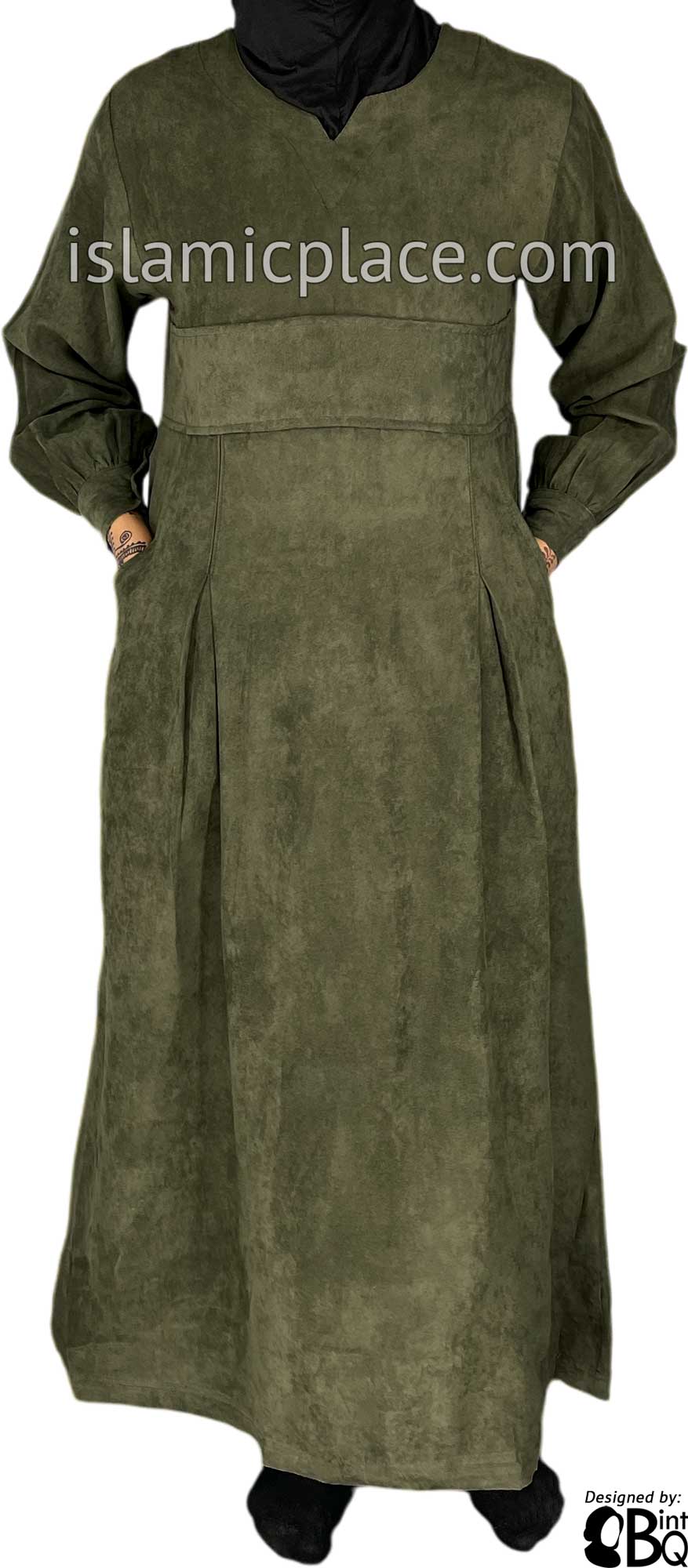 Olive Green - Azeeza Pocket Style Abaya by BintQ in Luxurious Suede - BQ277 Olive Green - Azeeza Pocket Style Abaya by BintQ in Luxurious Suede - BQ277