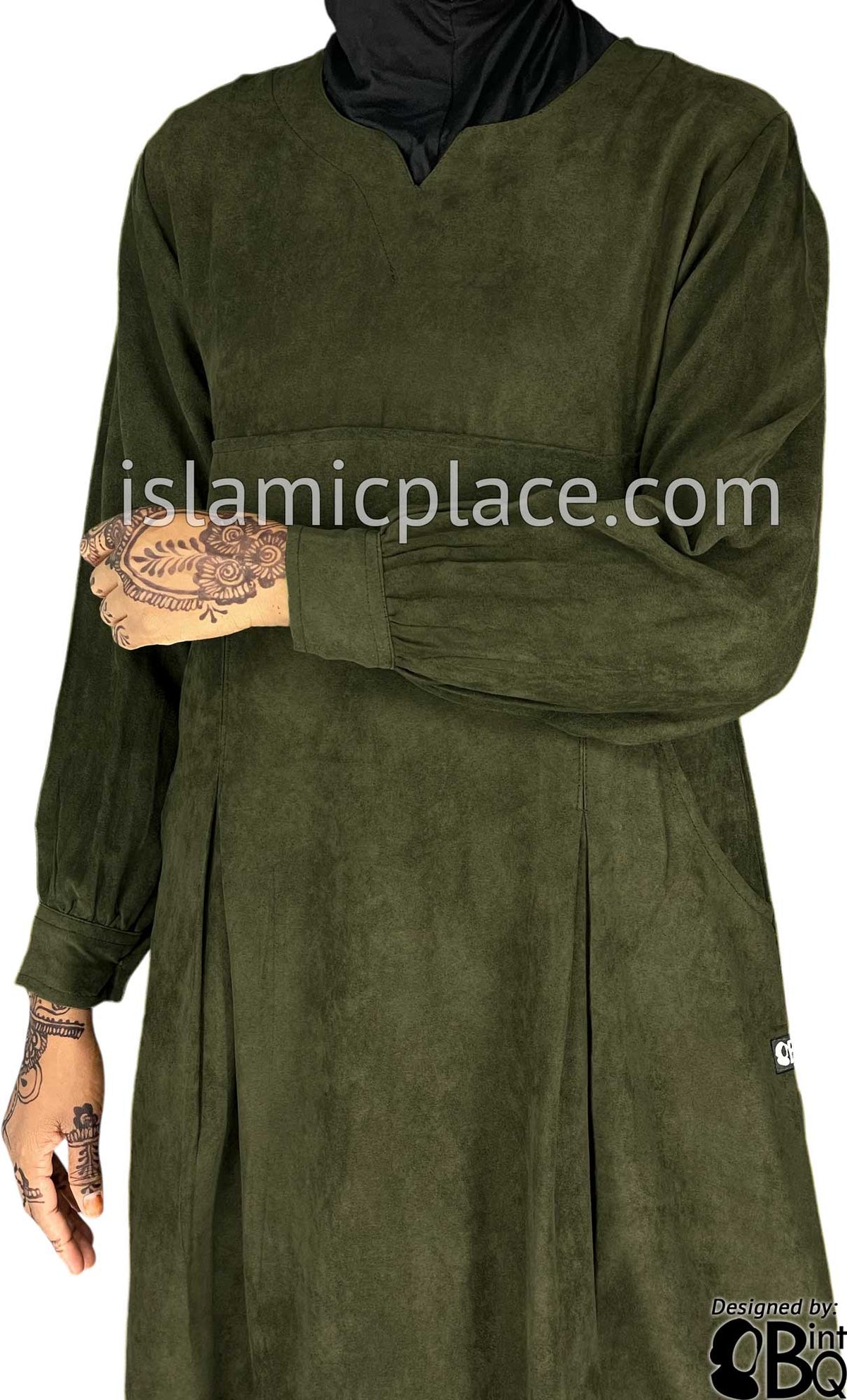 Olive Green - Azeeza Pocket Style Abaya by BintQ in Luxurious Suede - BQ277