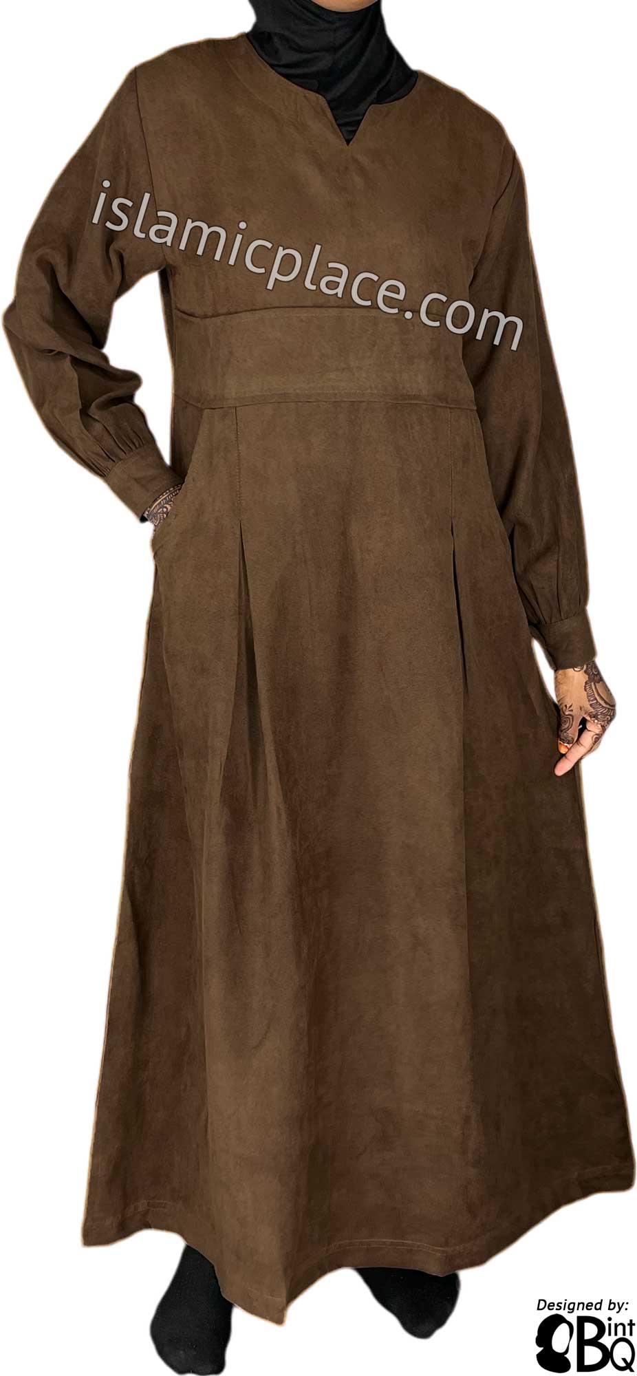 Brown - Azeeza Pocket Style Abaya by BintQ in Luxurious Suede - BQ277