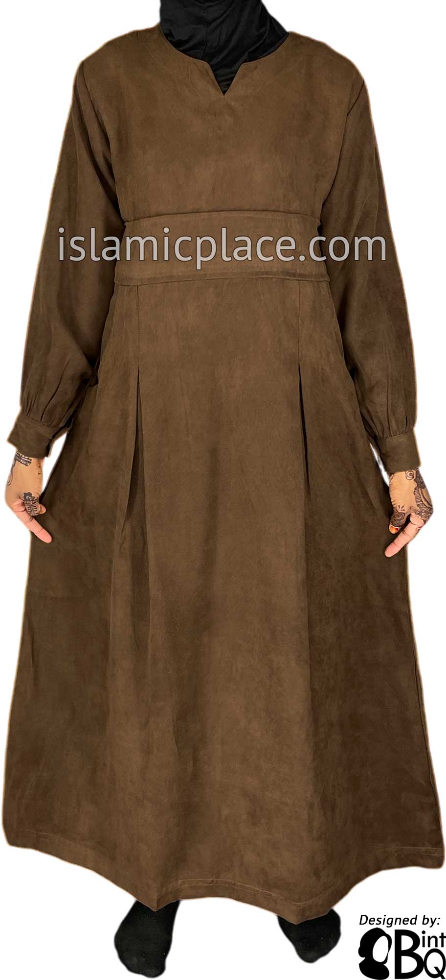 Brown - Azeeza Pocket Style Abaya by BintQ in Luxurious Suede - BQ277