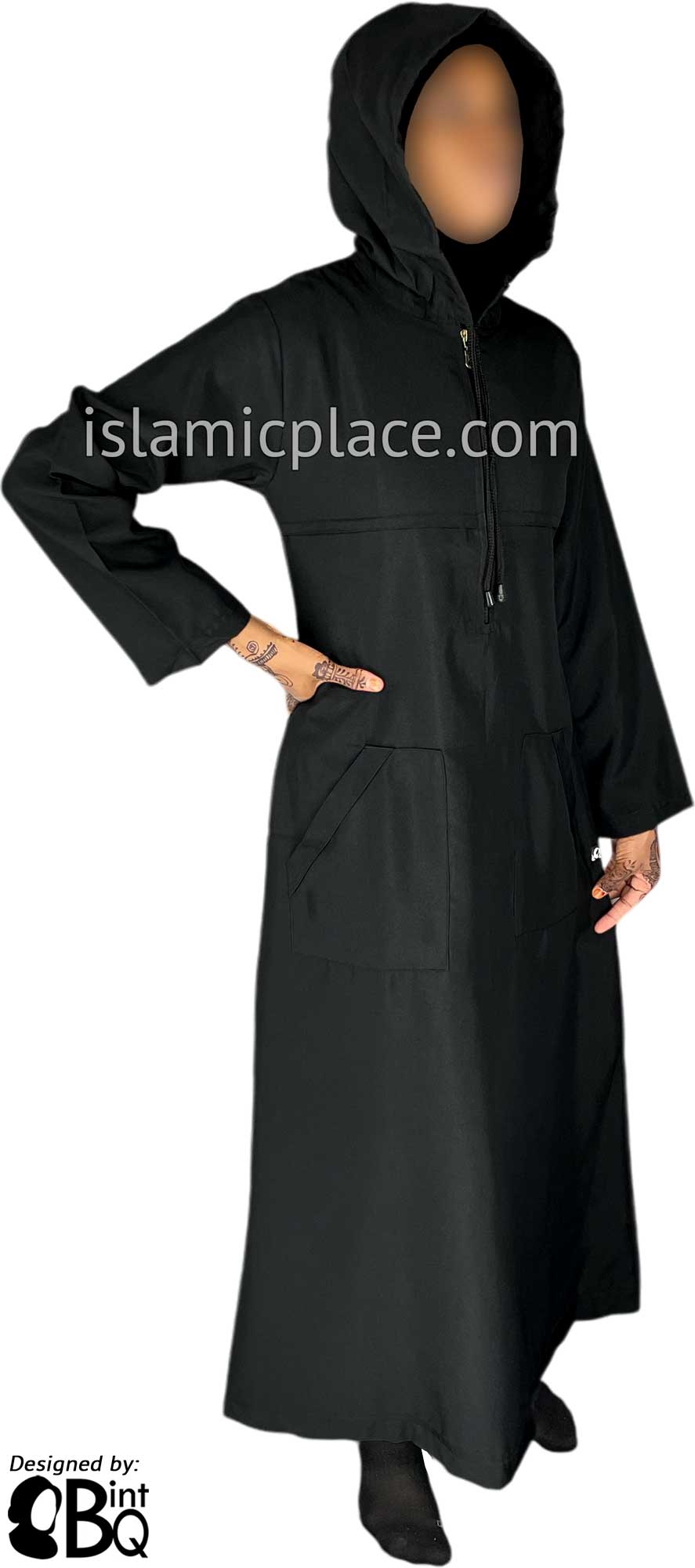 Black - Sakina Sporty Hooded Abaya in Gabardine by BintQ - BQ193
