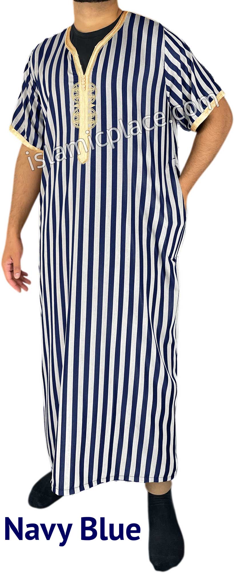 Navy Blue - Azhar Style Short Sleeve Thob