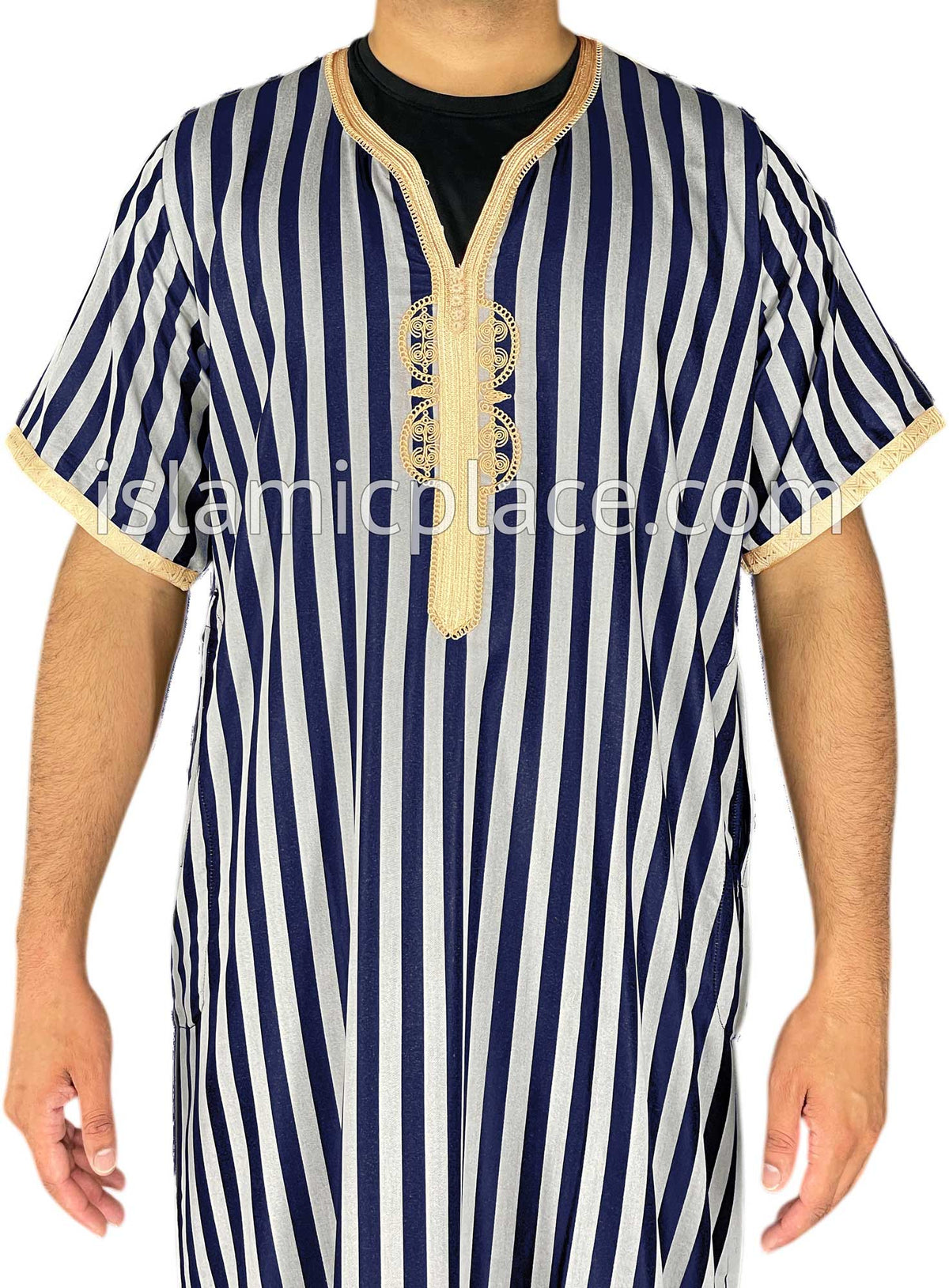 Navy Blue - Azhar Style Short Sleeve Thob