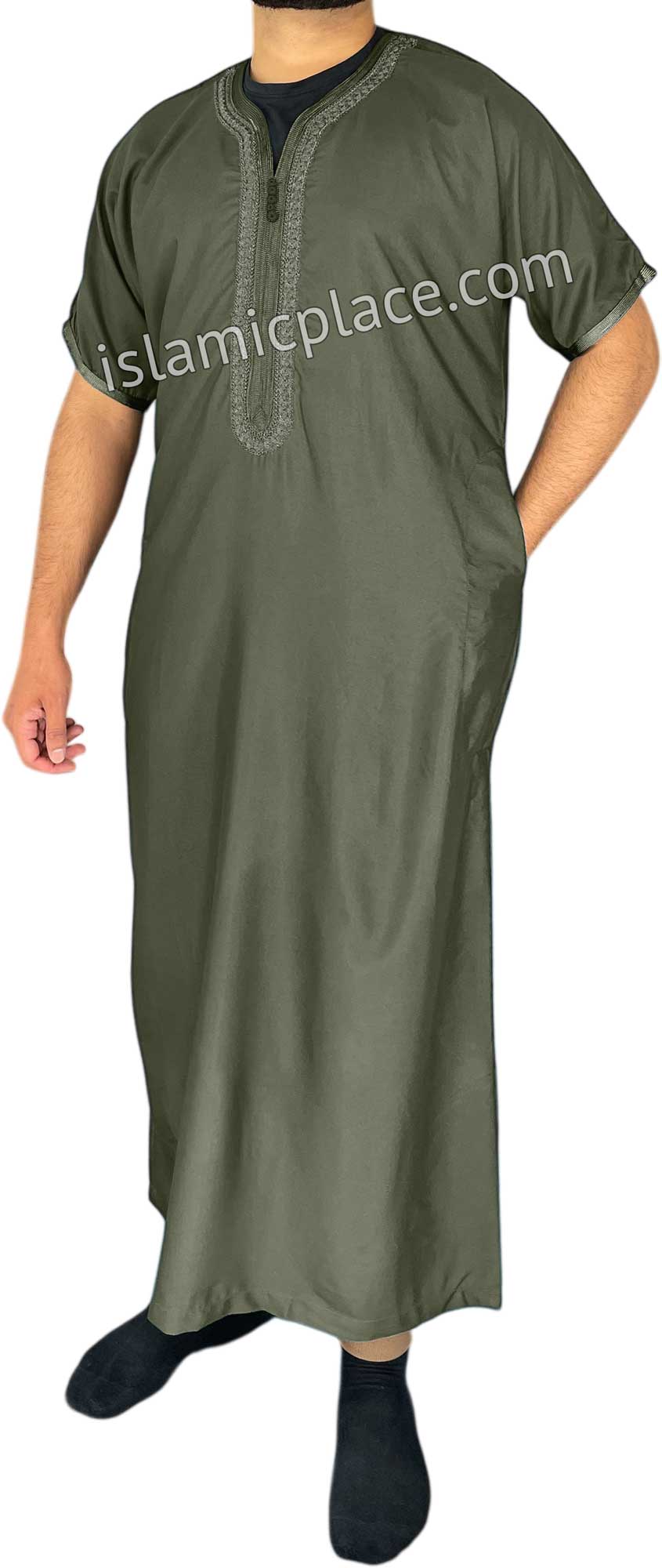 Olive Green - Ehsan Style Short Sleeve Thob