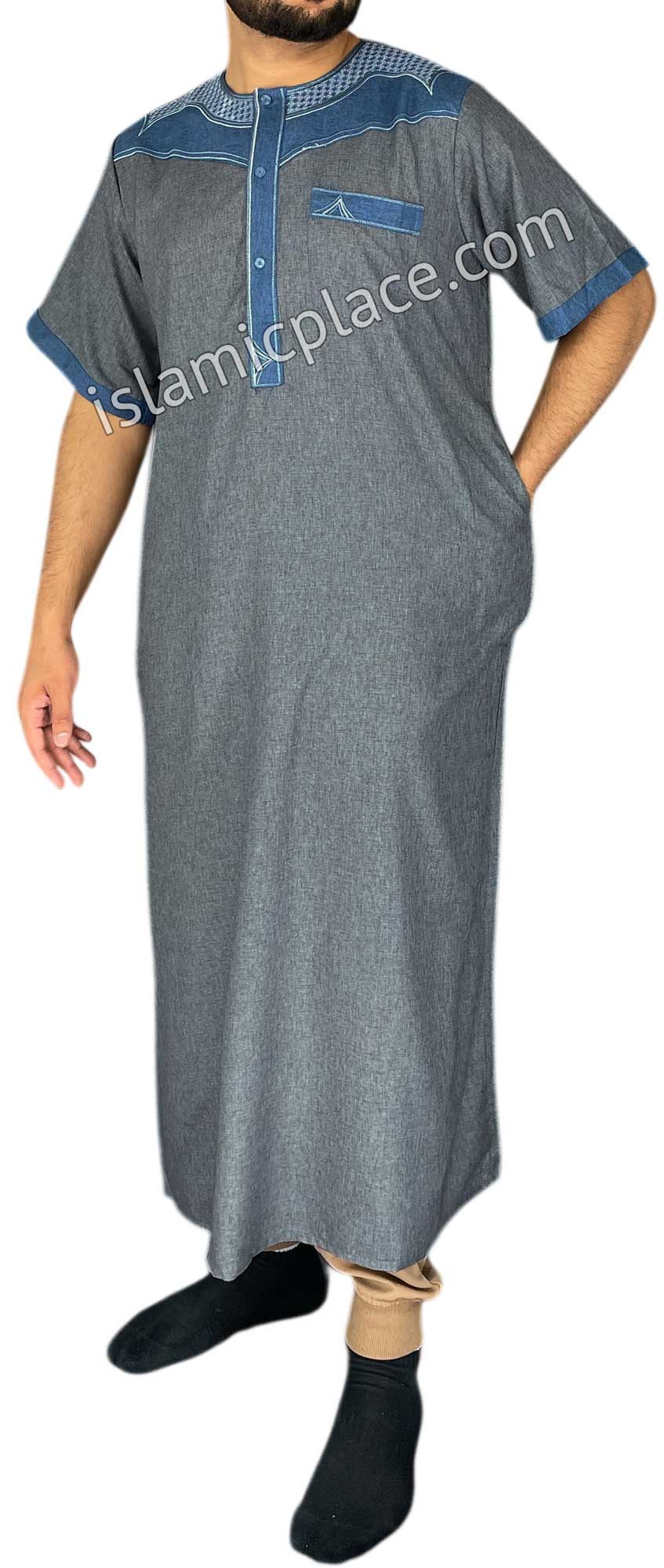Charcoal Gray and Denim Blue - Haleem Style Short Sleeve Thob