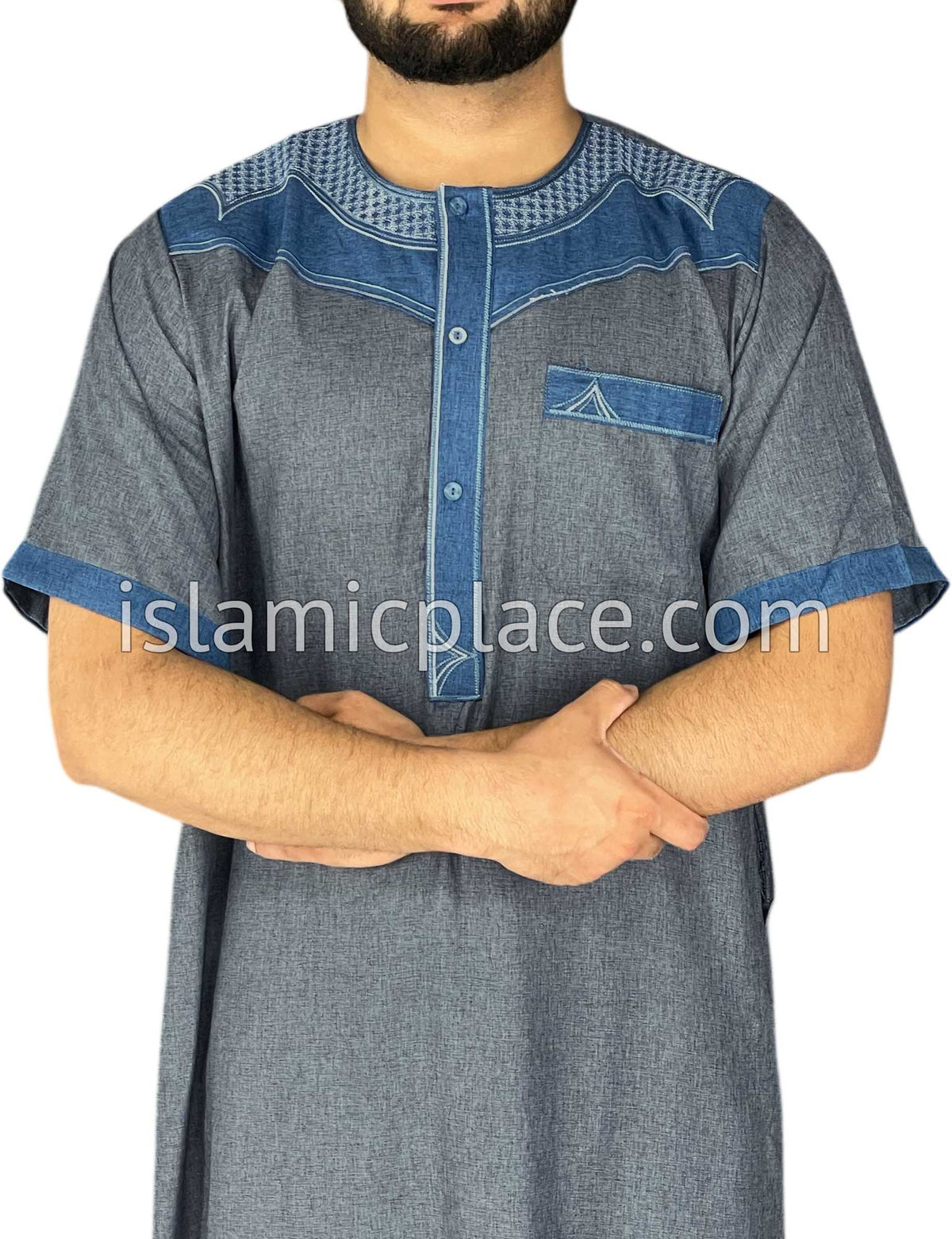 Charcoal Gray and Denim Blue - Haleem Style Short Sleeve Thob