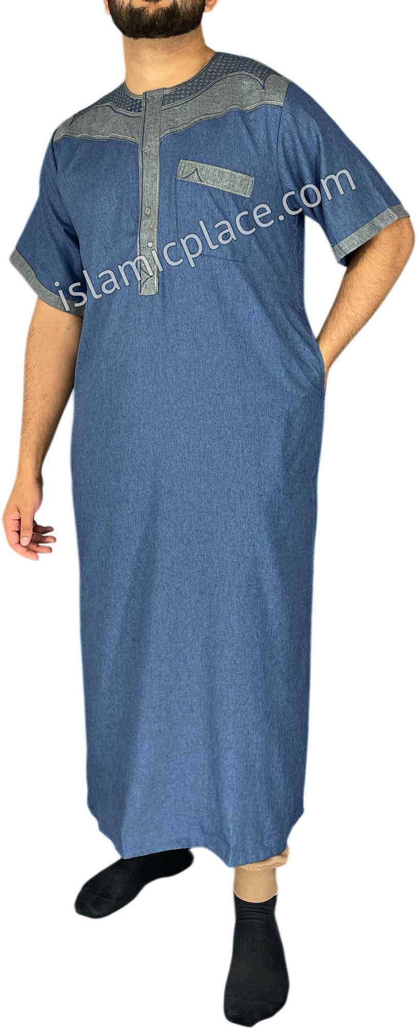 Denim Blue and Charcoal Gray - Haleem Style Short Sleeve Thob