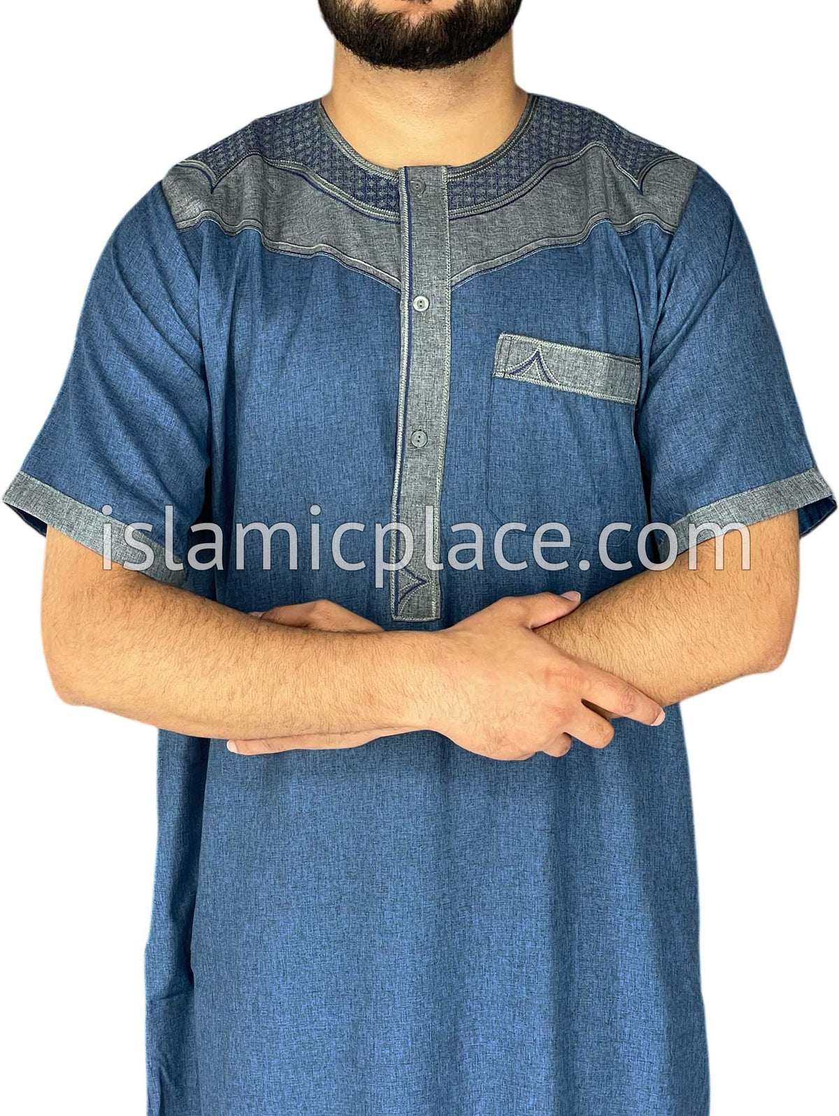 Denim Blue and Charcoal Gray - Haleem Style Short Sleeve Thob