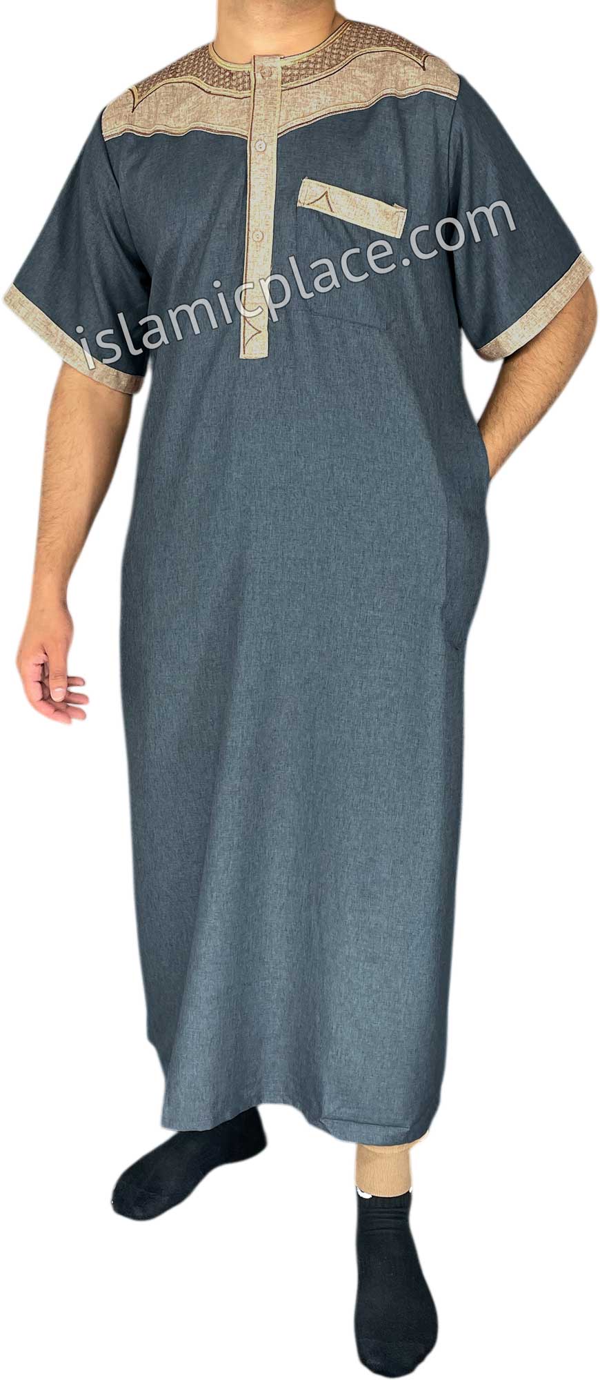 Gray and Khaki - Haleem Style Short Sleeve Thob